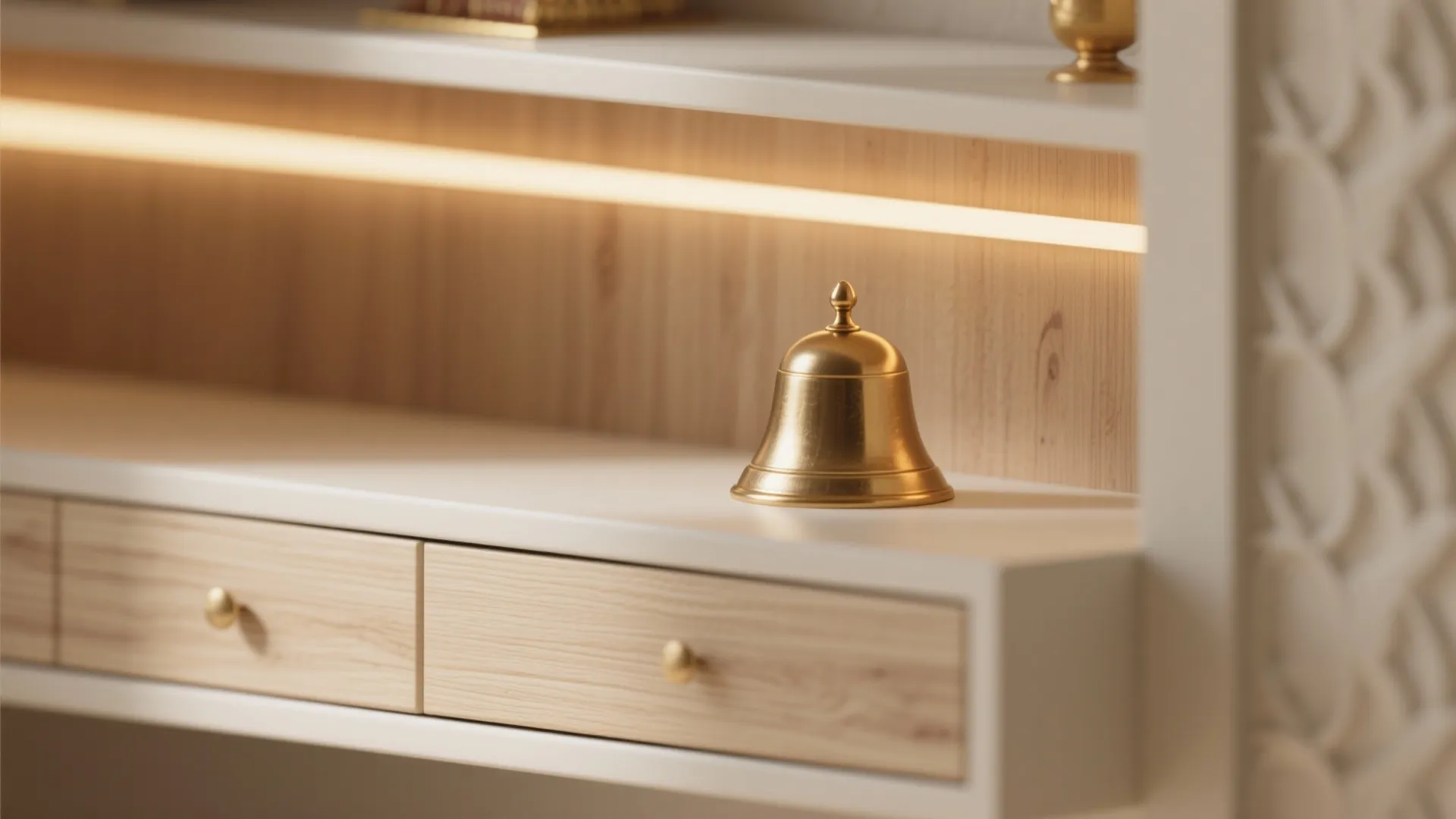 Close up of a small gold bell sitting on white cabinet drawers with built-in light