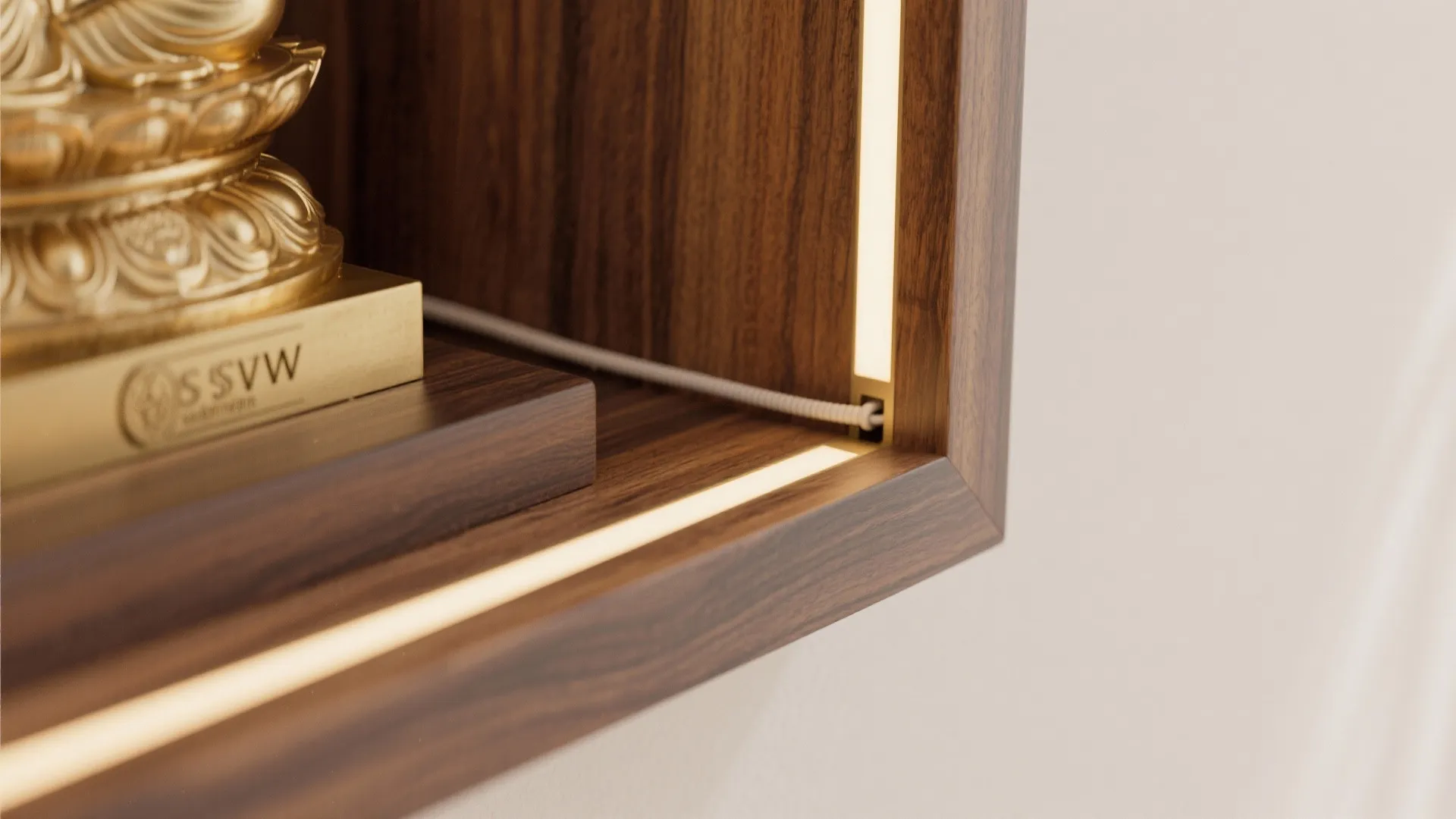 Minimal wall-mounted mandir with floating storage