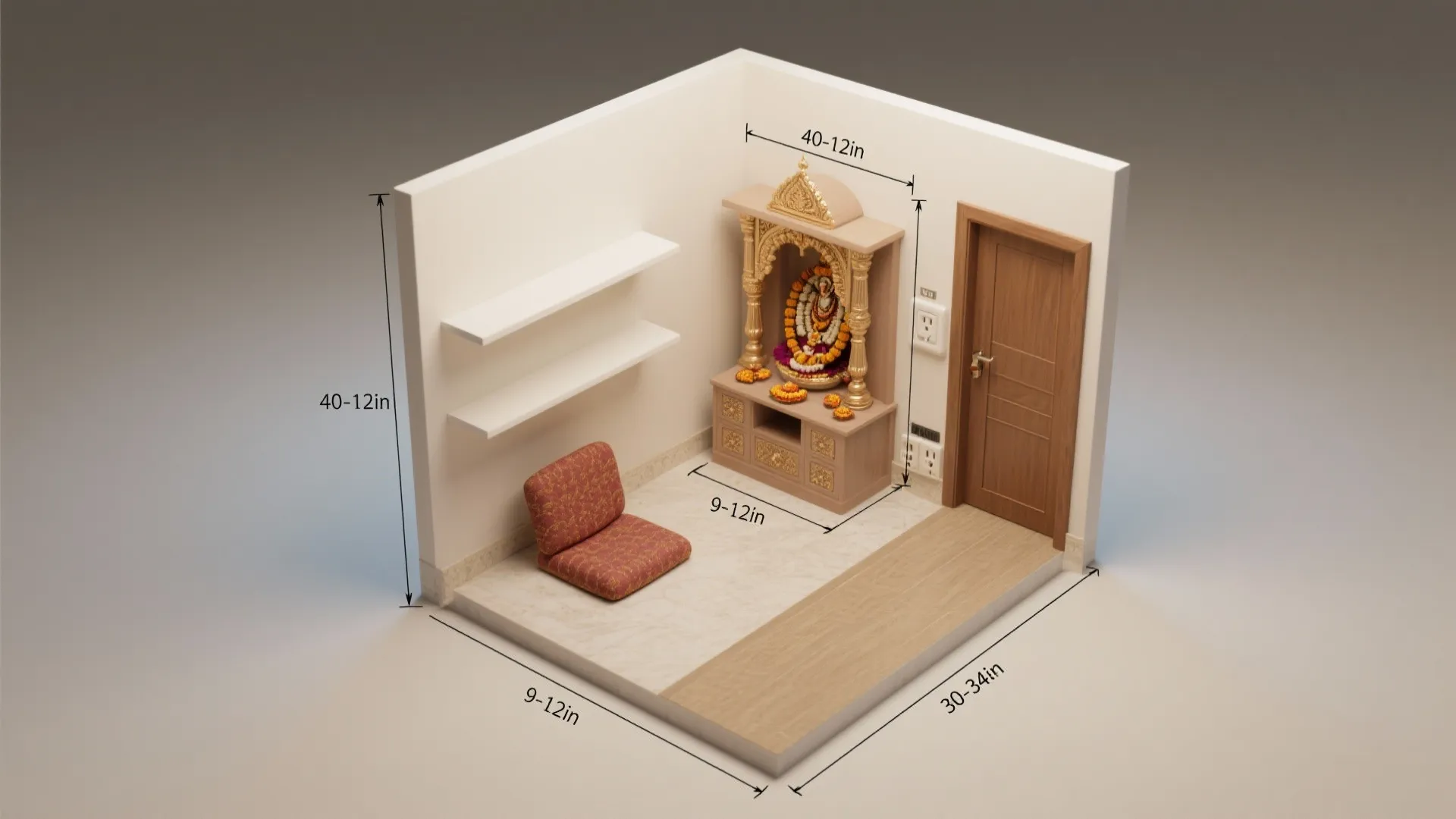Top-down visual of small pooja mandir dimensions and clearances for standing and seated setups.