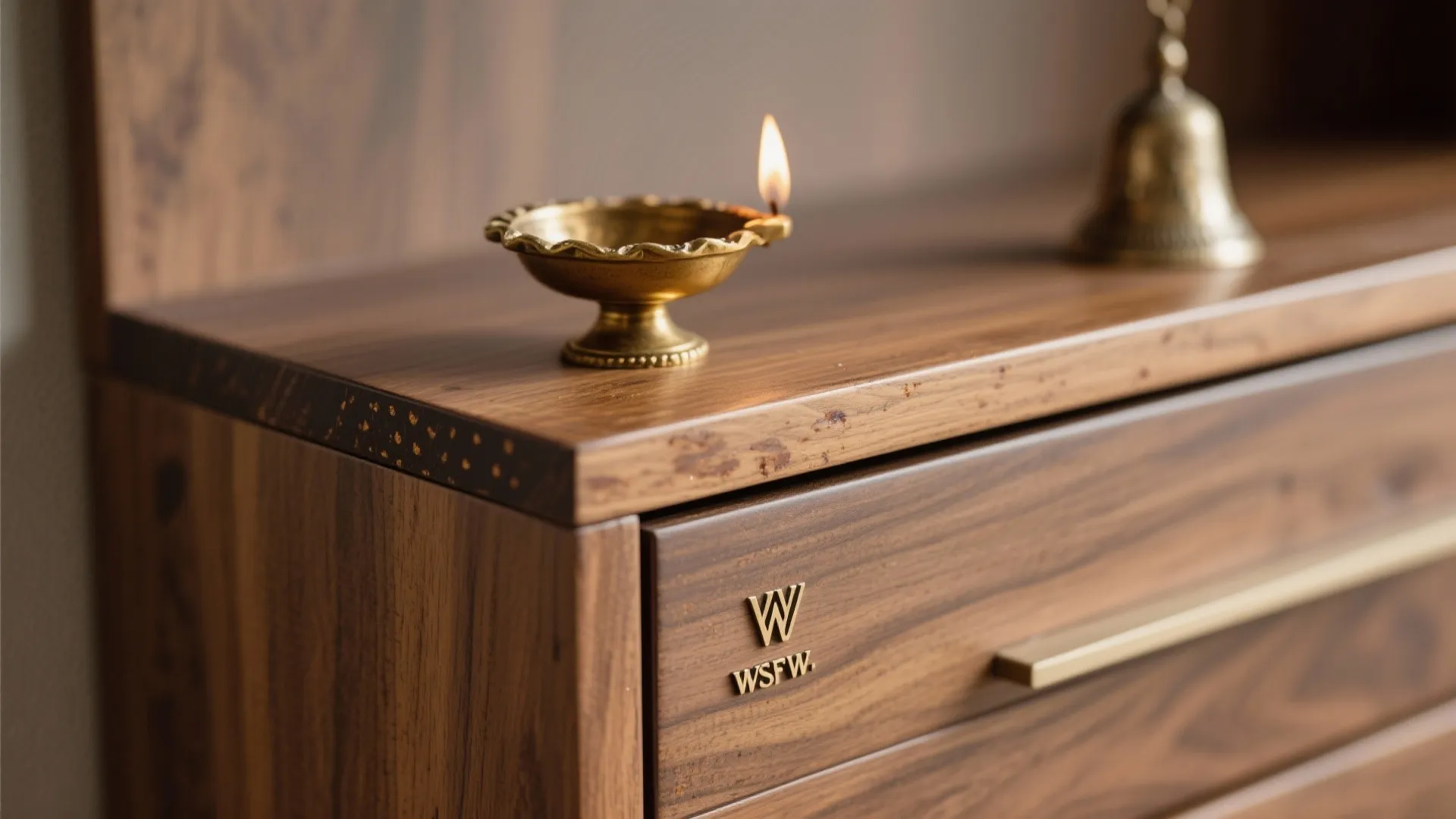 Close up of a wooden cabinet drawer featuring a lit oil lamp and brass logo