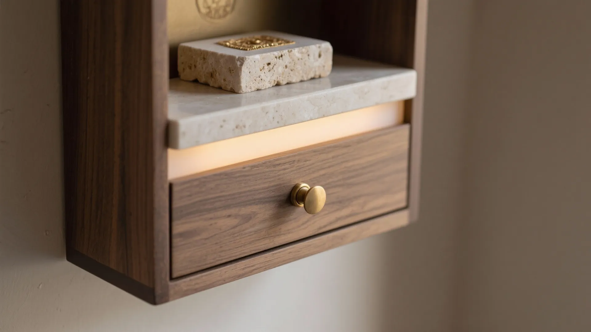 Dark wood drawer with a gold handle featuring marble top shelf and warm built-in light