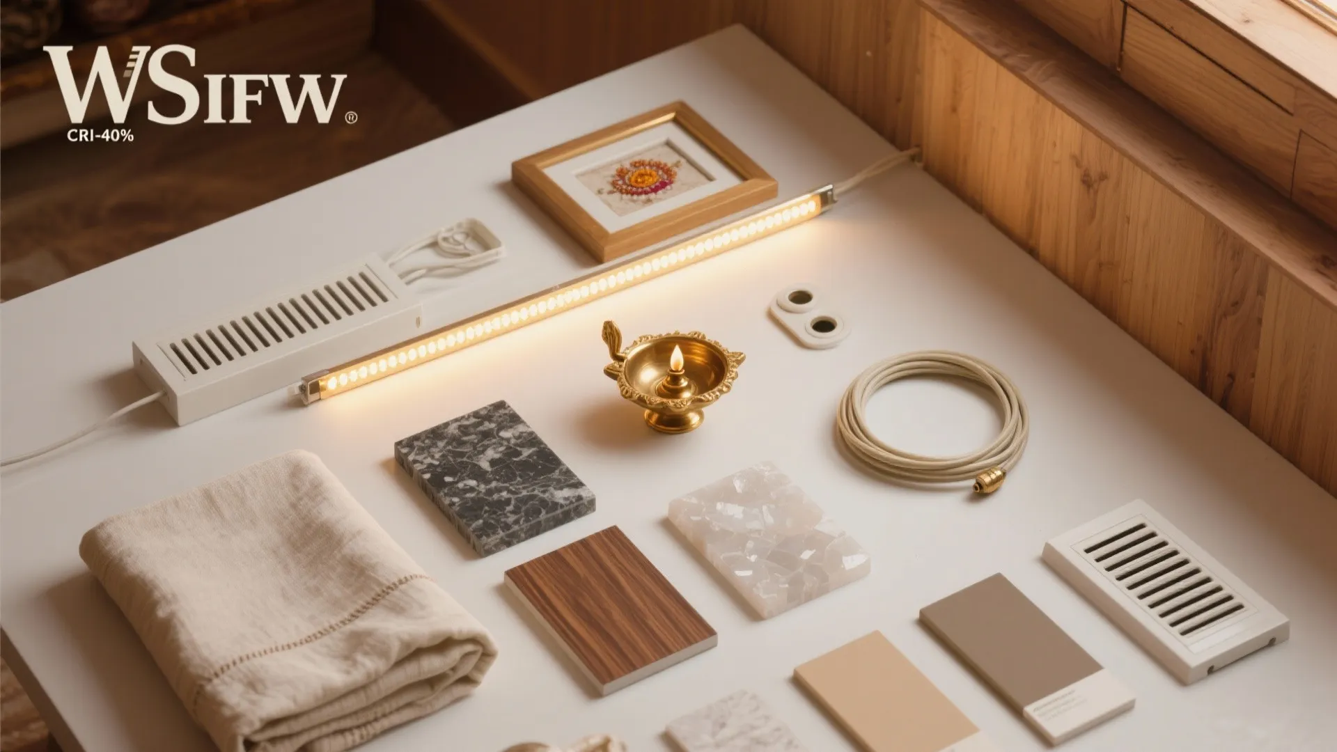 Flatlay of lighting, heat-tolerant materials, brass diya, vent grille, and neutral paint chips for a small mandir.