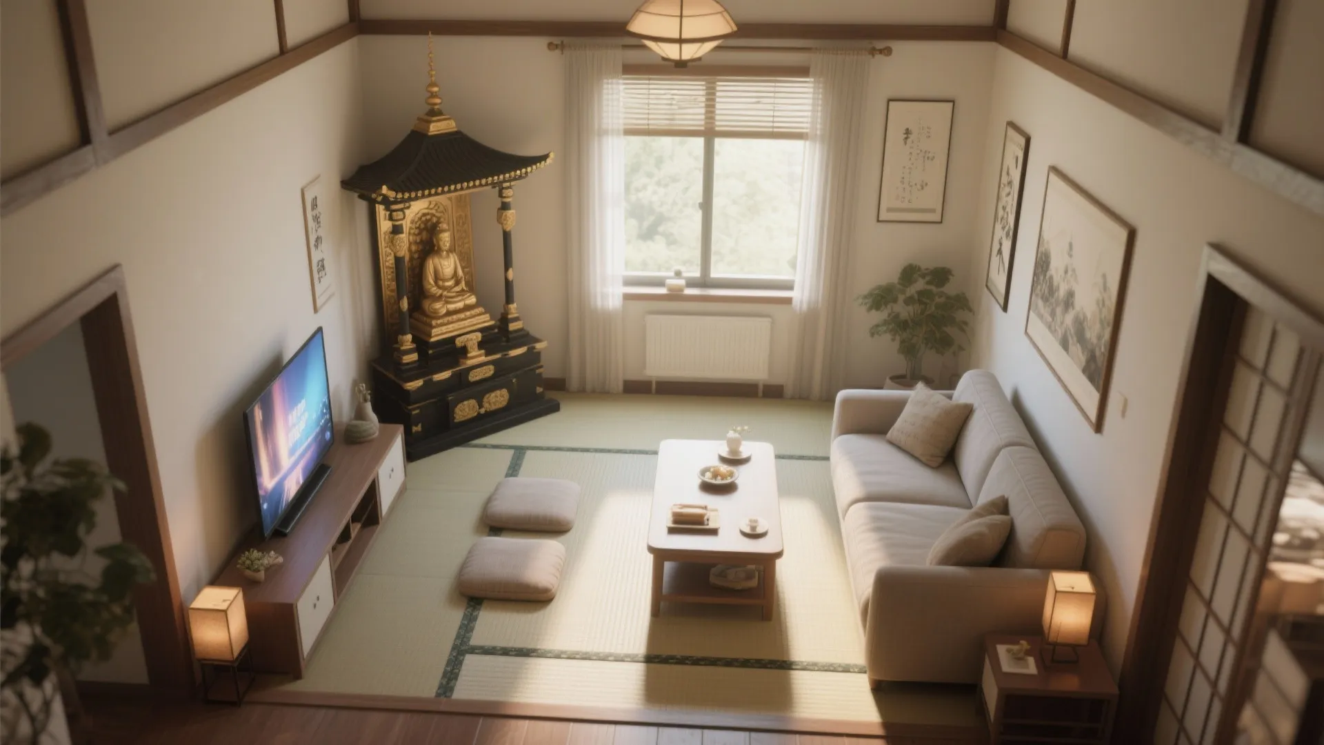 Japanese living room with tatami floor cream sofa wooden table and a small golden statue