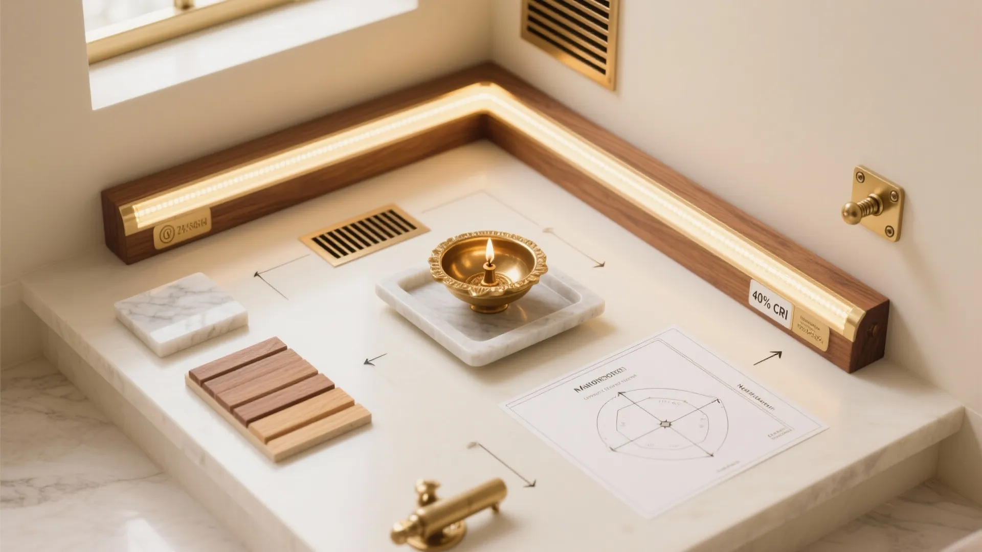 Interior design drawing showing materials and light fixture options for a small home prayer space
