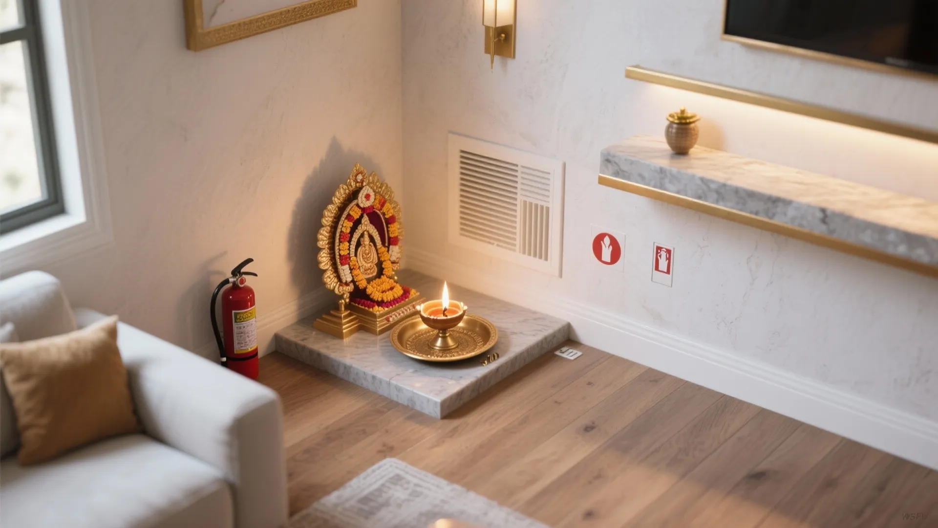 Small prayer space with golden statue lit candle fire extinguisher on wood floor near sofa