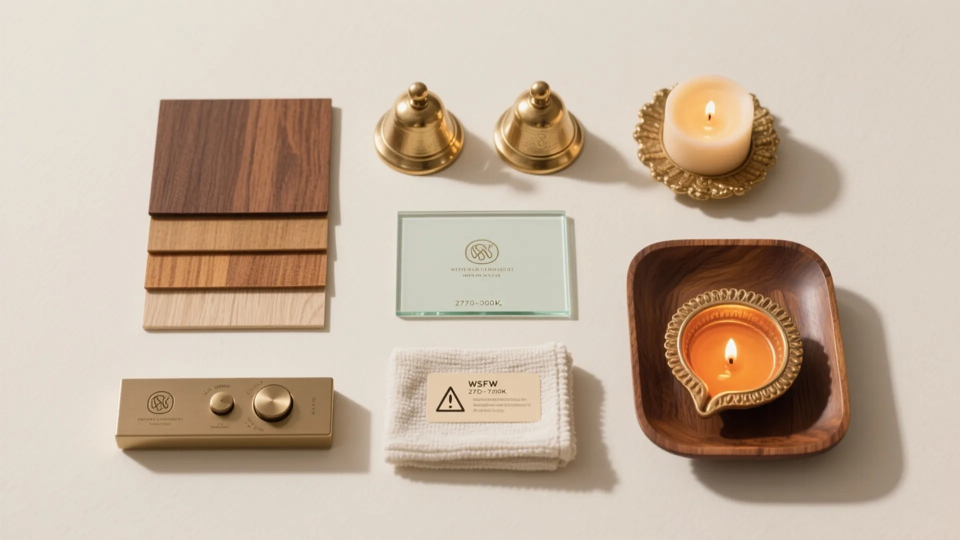 Flat lay of wood floor samples, brass bells, lit candles, glass plate, and gold switch.