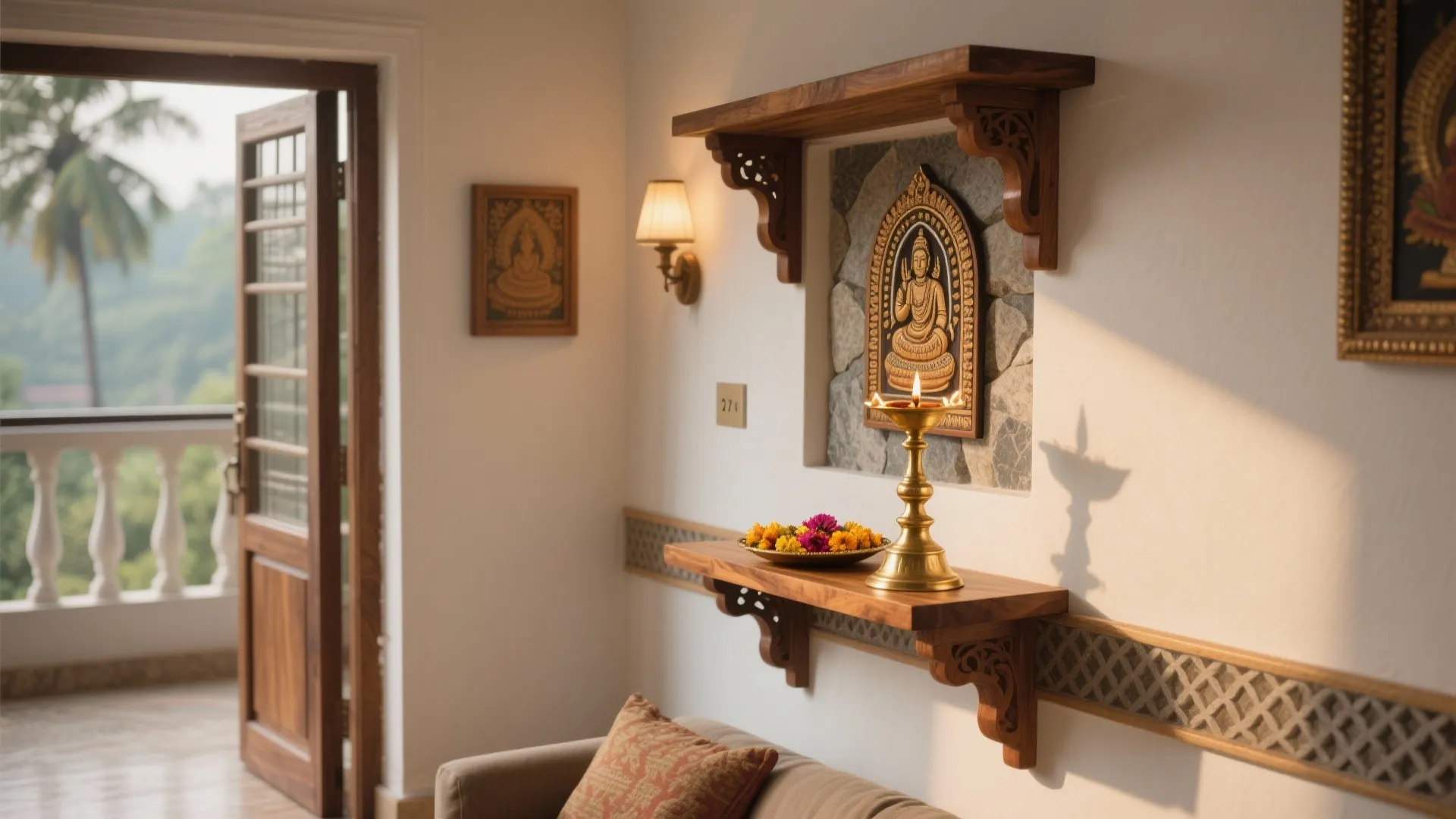 5 Kerala-Style Wall-Mounted Pooja Room Designs: Compact mandir ideas with teak, brass, jaali, and smart storage for small homes