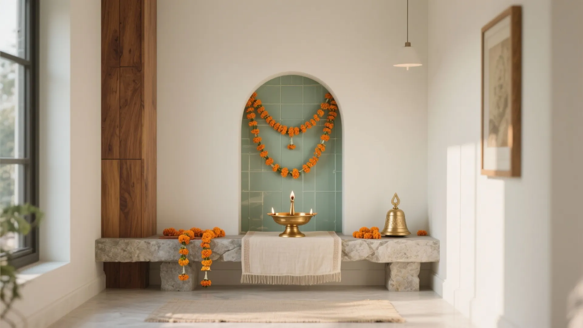 Modern prayer room with stone bench, orange flower garland, brass oil lamp, and white walls