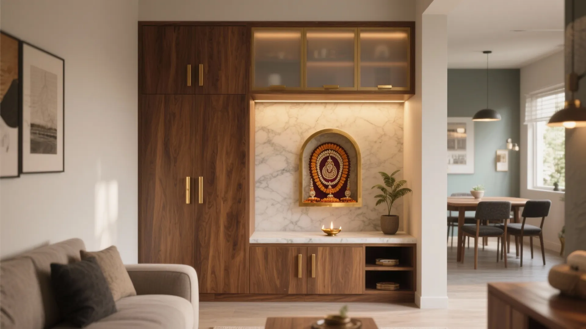 Modern living room with wooden storage cabinet featuring a marble prayer niche and wall lights