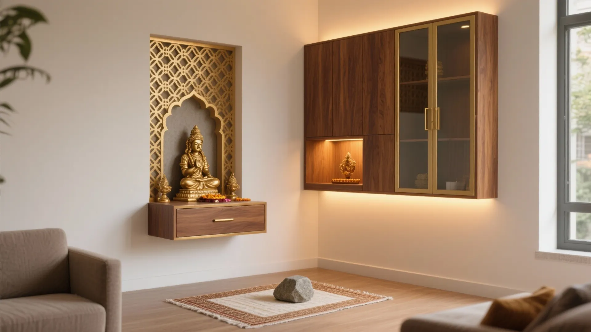 Modern prayer room with golden statue on floating wood drawer next to a wall hanging cabinet