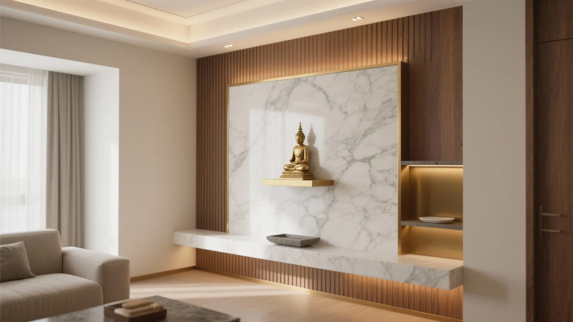 Modern living room featuring marble wall panel with gold statue and wood vertical wall panels