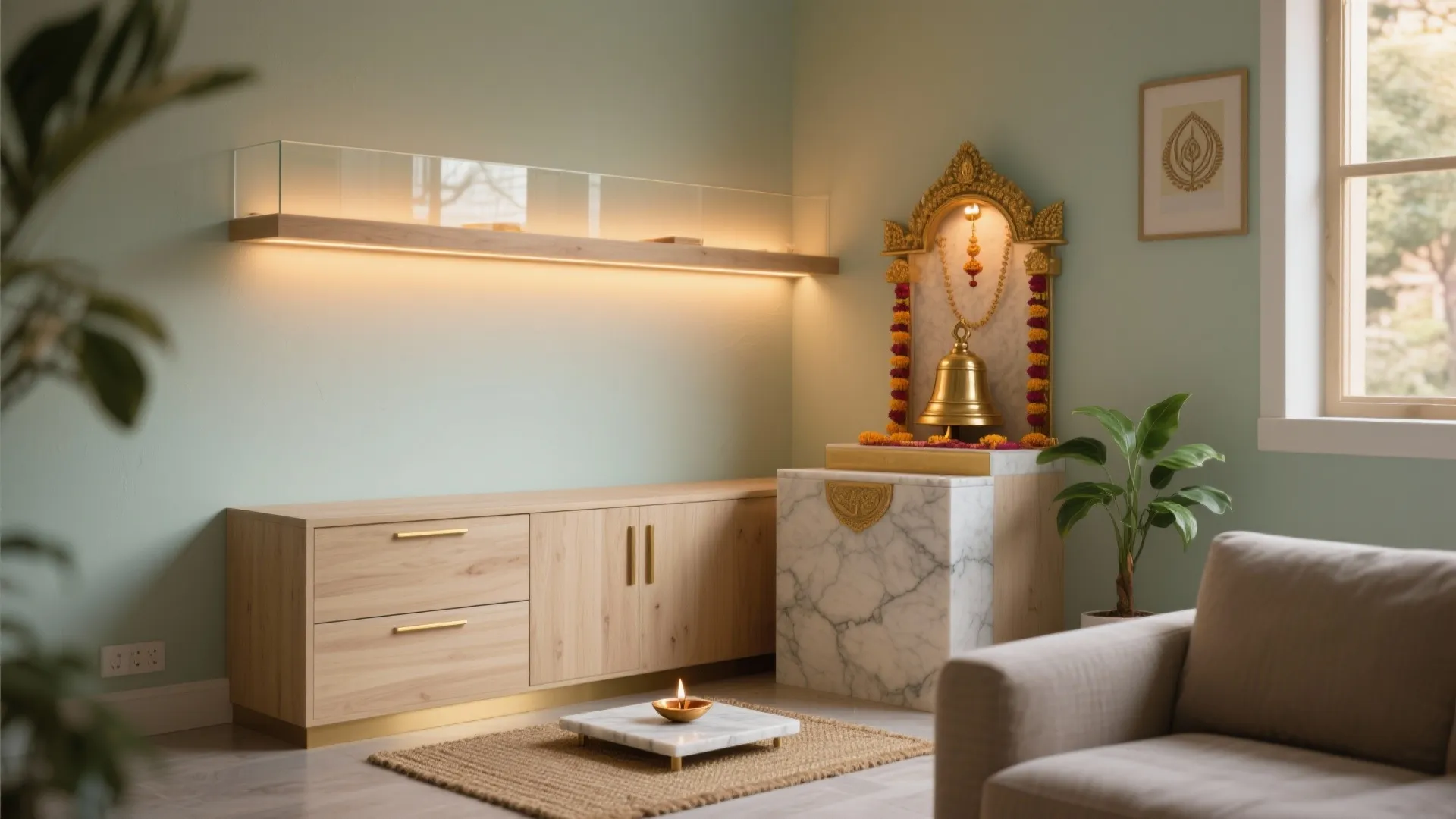 Modern prayer room design with wooden cabinet marble altar gold bell green walls and natural light