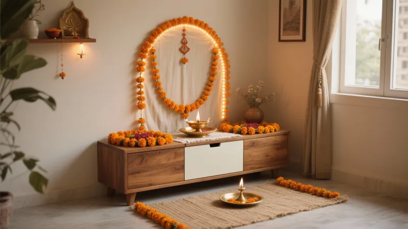 Indian Pooja Corner Design with Marigold Decor
