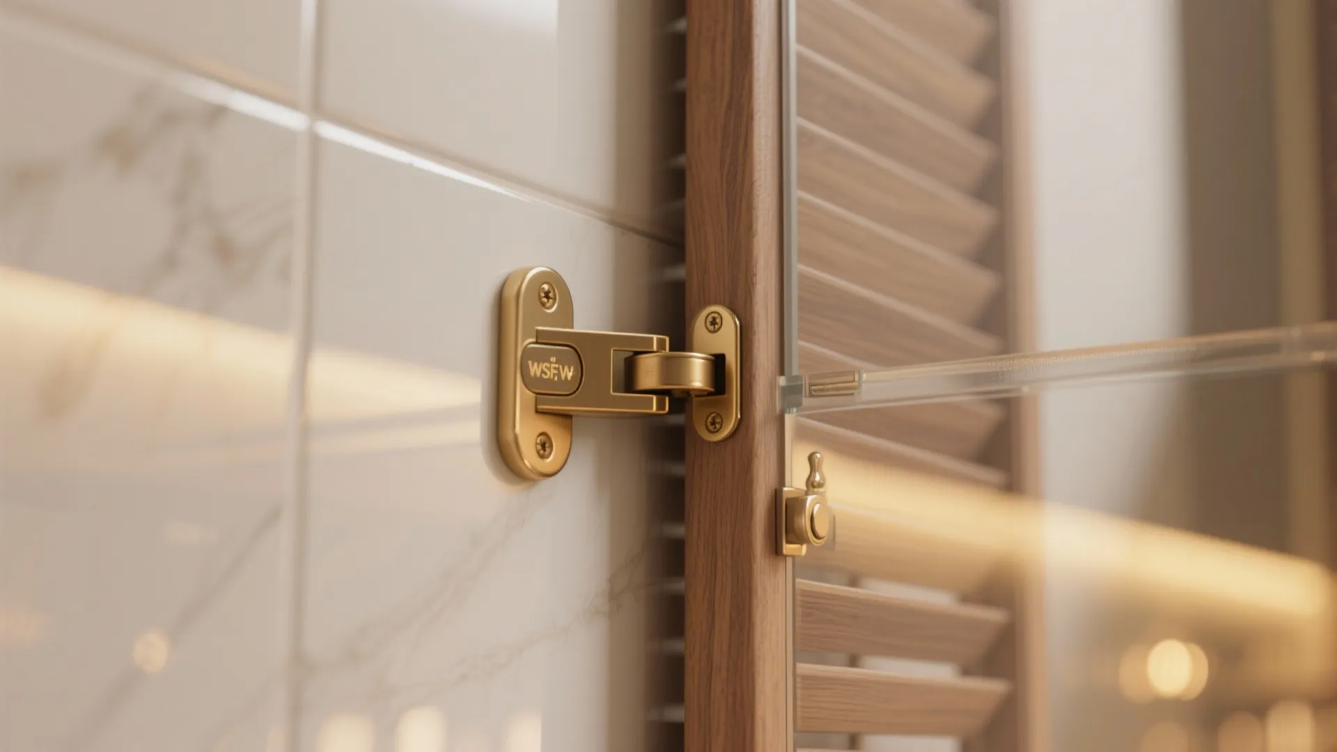 Close up of a gold metal door hinge attached to a wooden frame and glass
