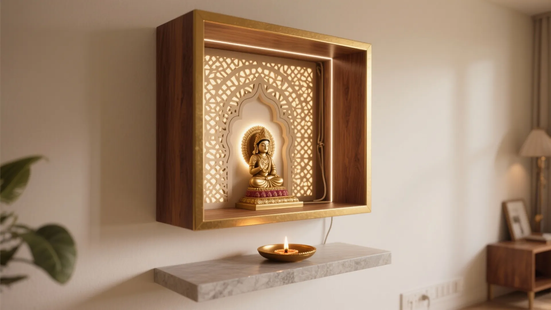 Compact Wall-Mounted Mandir with Backlit Jaali