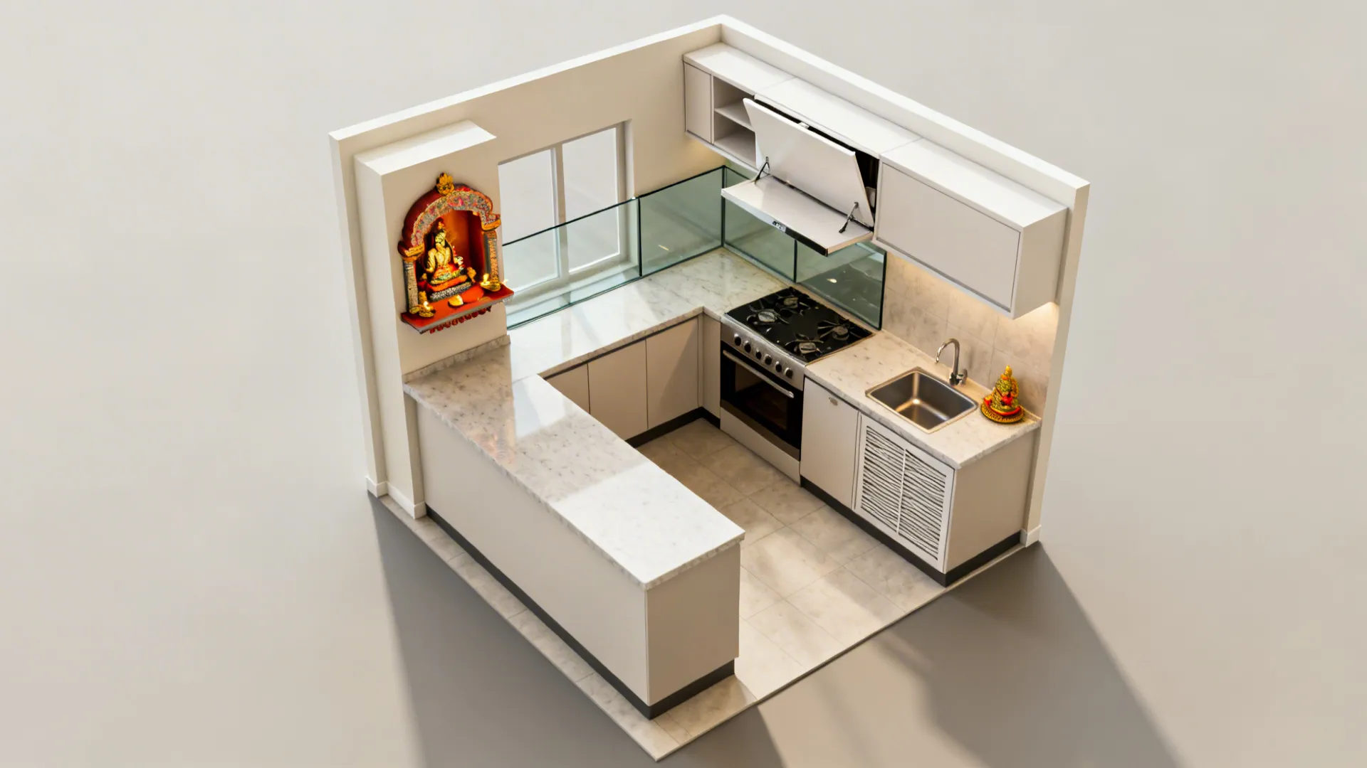 Top-down compact kitchen plan showing several fitted mandir placement options with clearances.