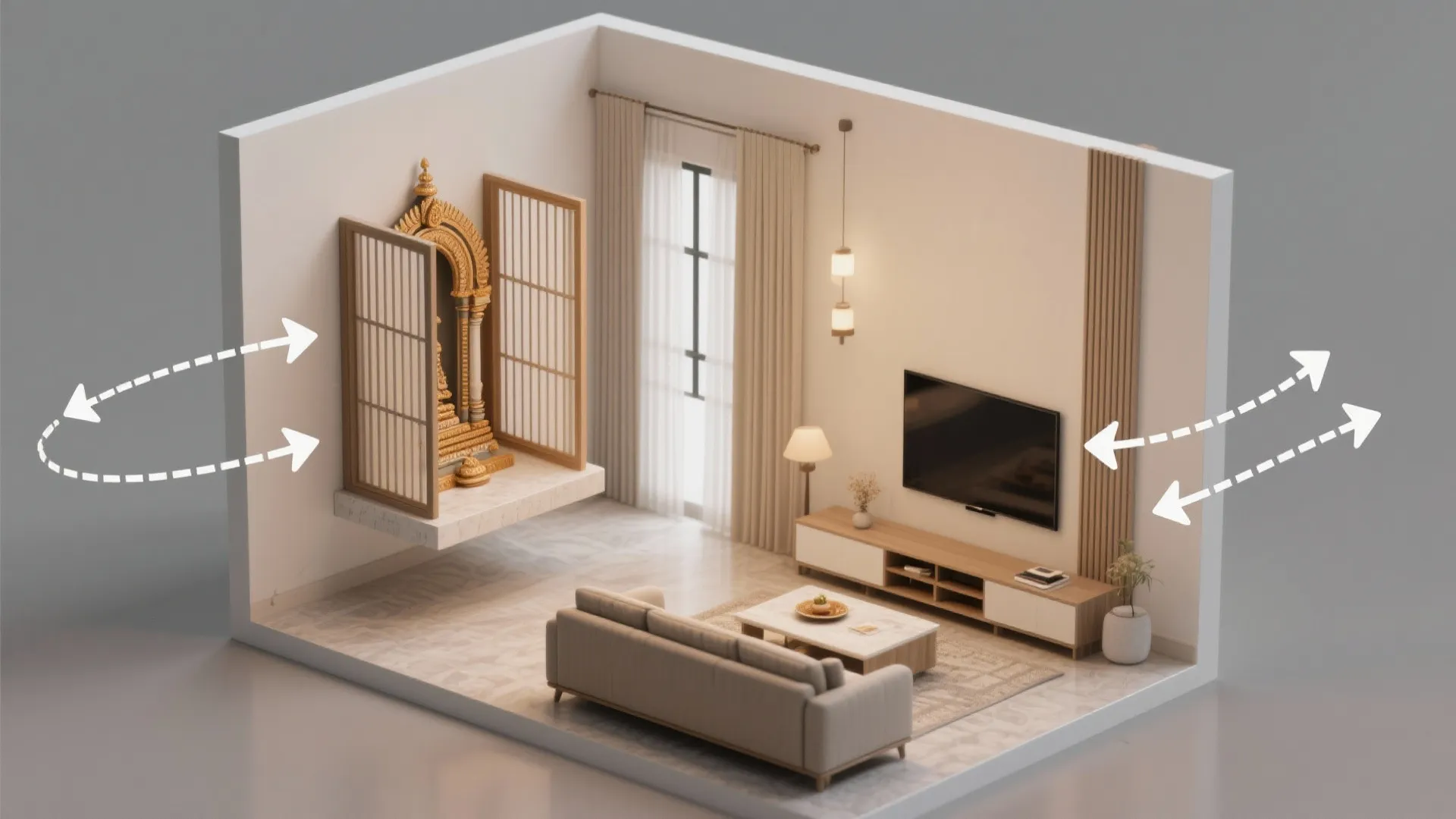 Top-down layout showing a floating mandir with sliding screens aligned to a compact living room.
