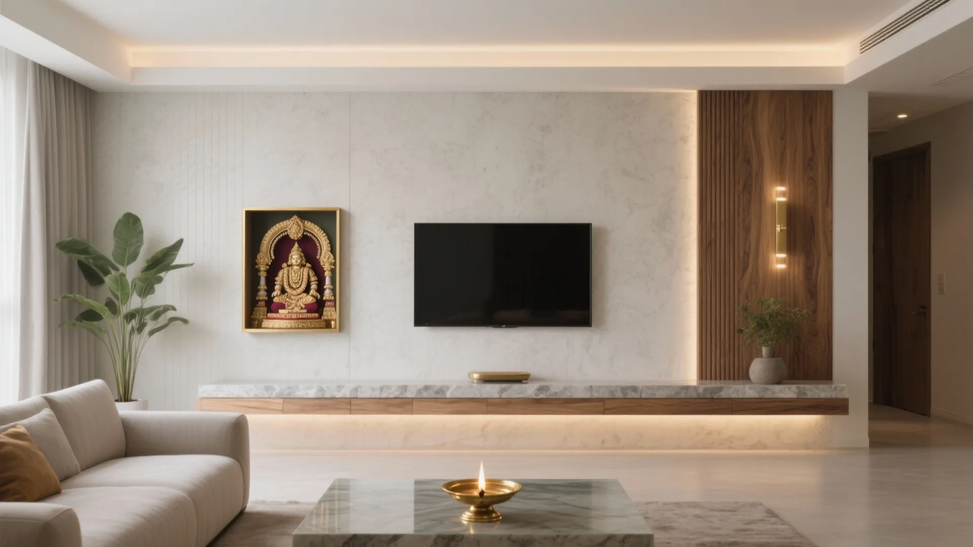 Modern living room with marble wall gold prayer shrine television wooden panel and a sofa