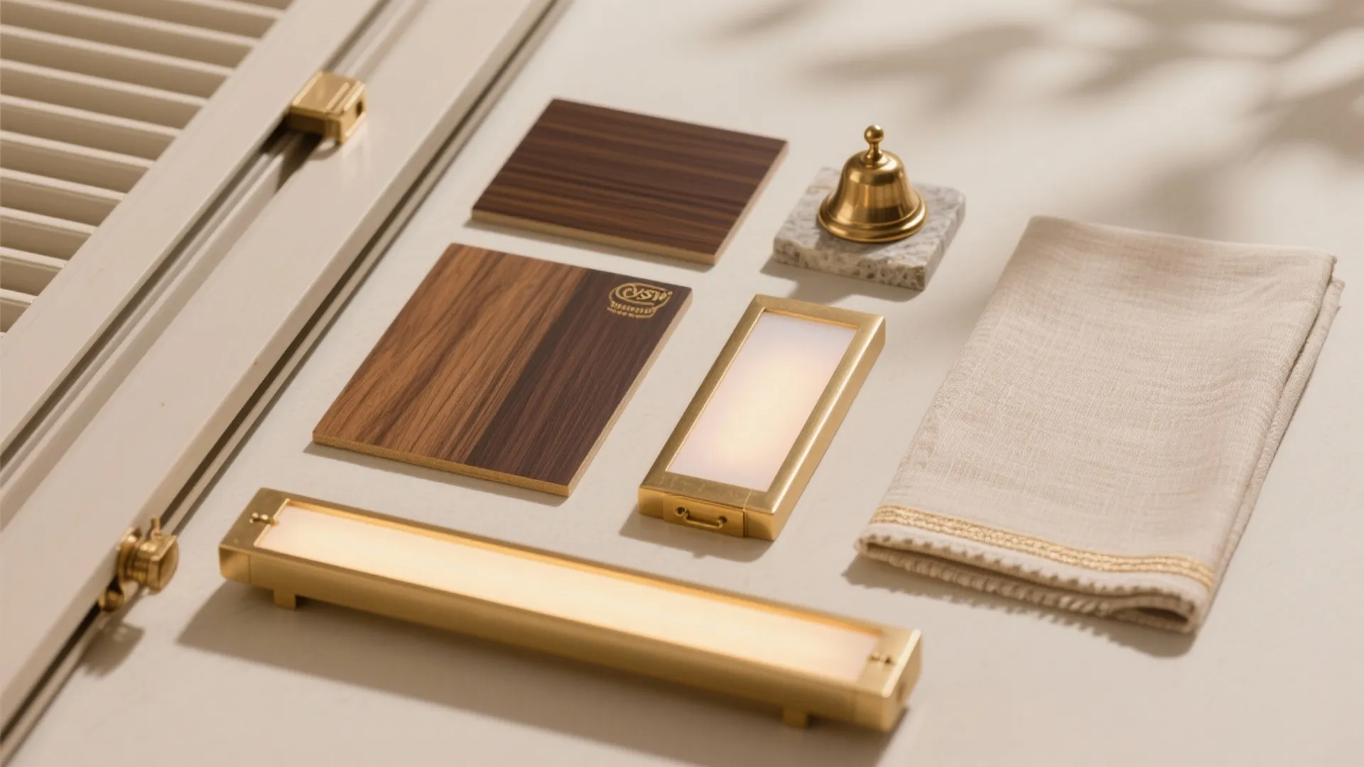 Interior design materials including wood samples brass bell light fixture and fabric on white surface