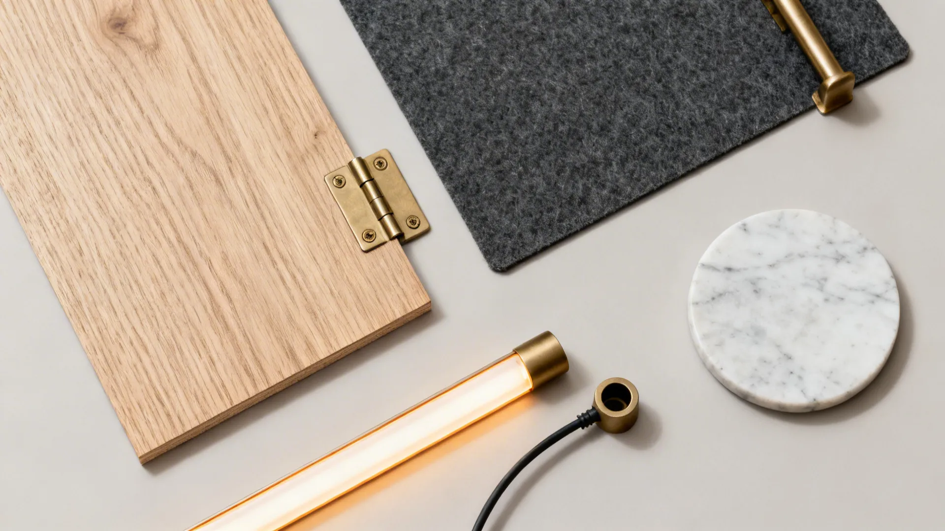 Flat lay of teak veneer, acoustic felt, brass hardware, soft-close hinge, LED strip, and a marble diya coaster.