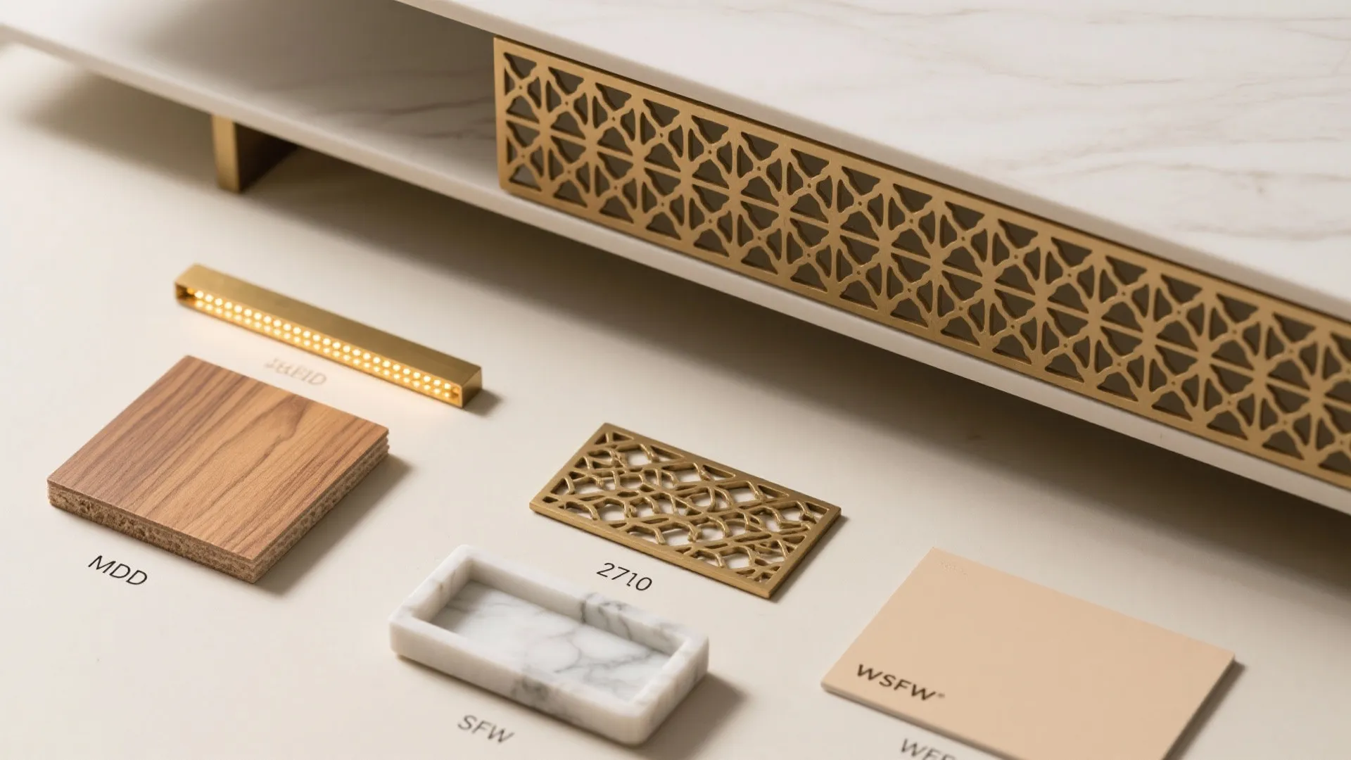 Collection of interior design material samples including wood, marble, gold metal, and light colored tiles
