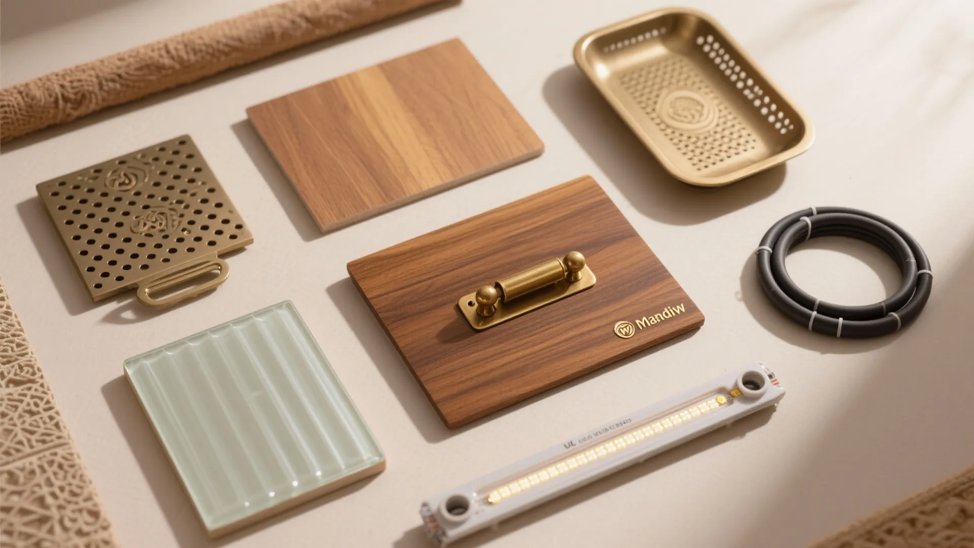 Interior design material flat lay with wood samples brass metal hardware glass tile and light