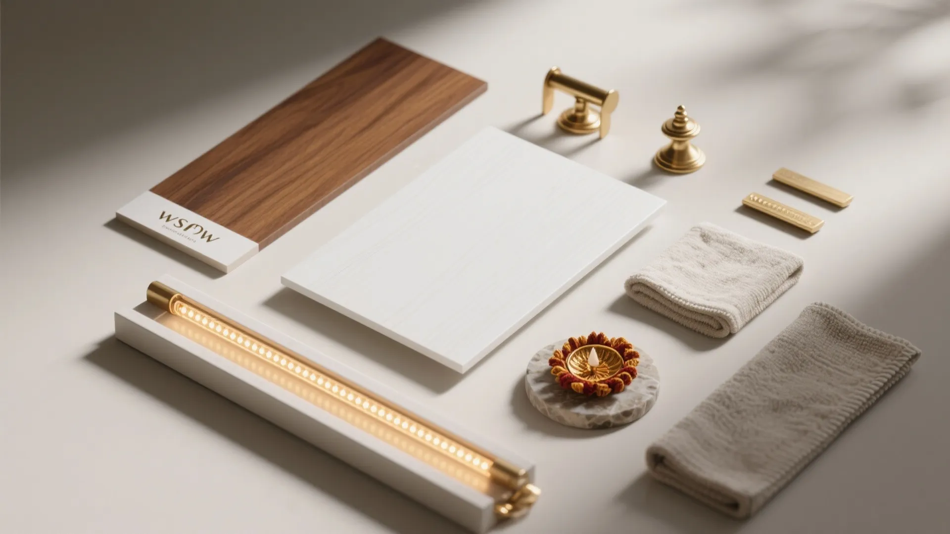 Flatlay of interior design materials with wood panel white board gold fixtures light and towels