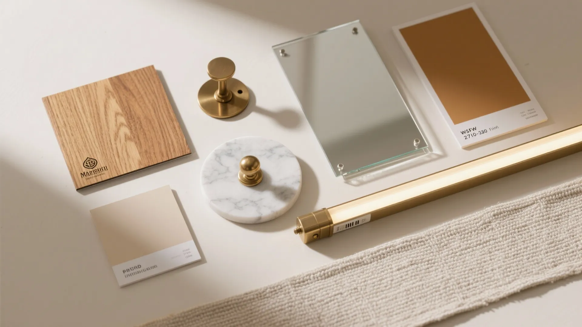 Flat lay of teak veneer, brass hardware, marble, acrylic panels, warm LED strip, and fabric.