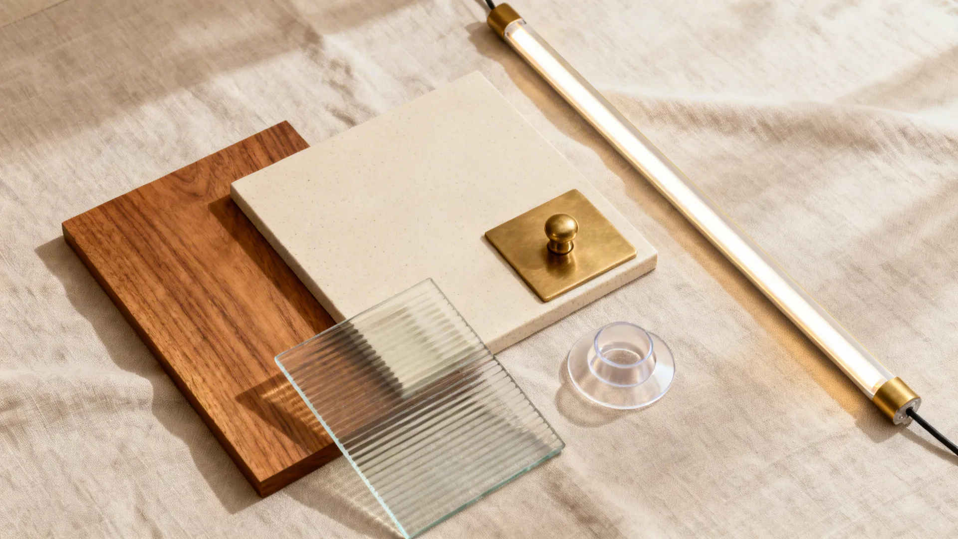 Interior design material samples including wood panel stone tile ribbed glass and a gold door knob