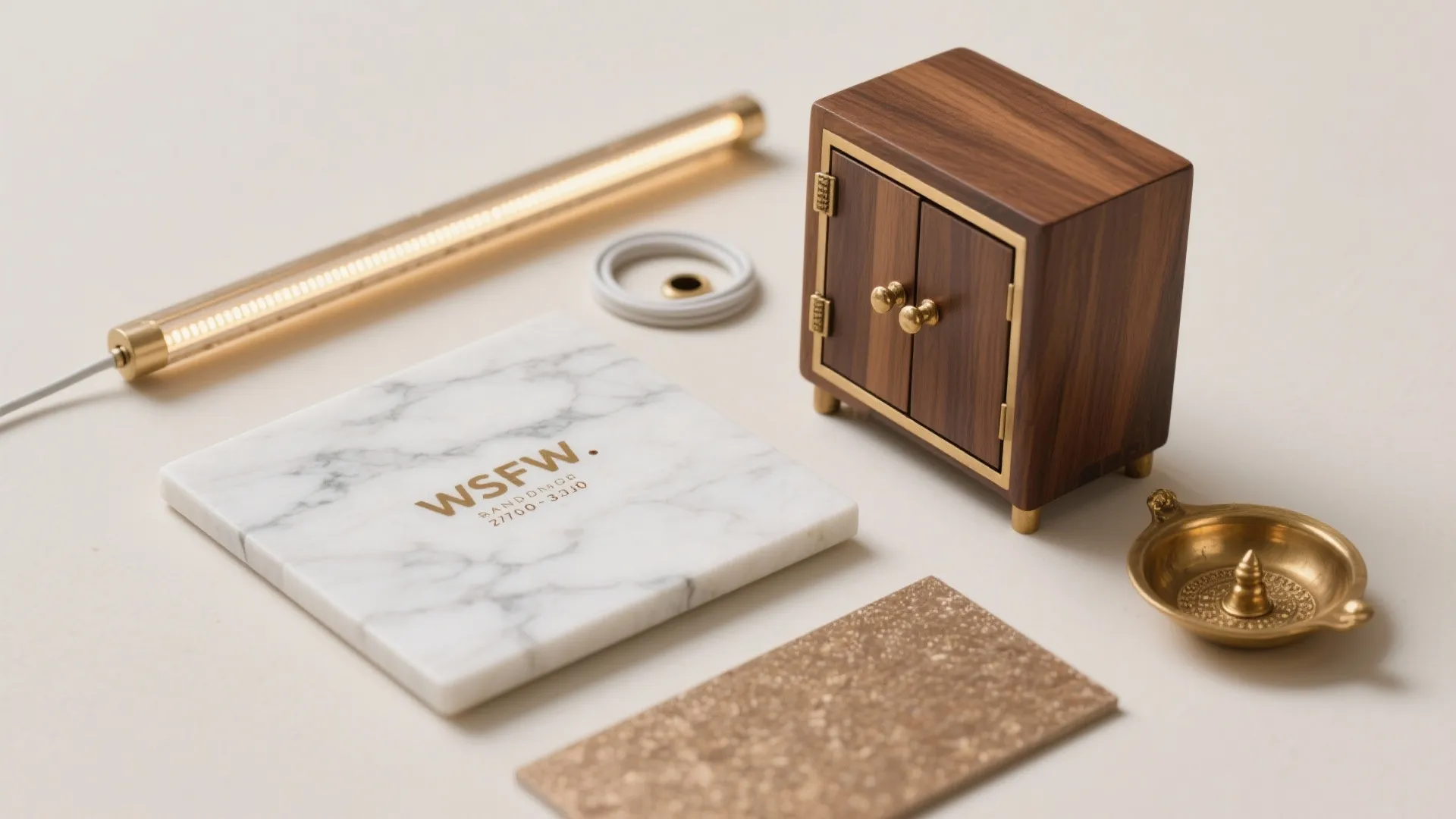 Flat lay of white marble, walnut veneer, brass hardware, warm LED, and a brass aarti plate.