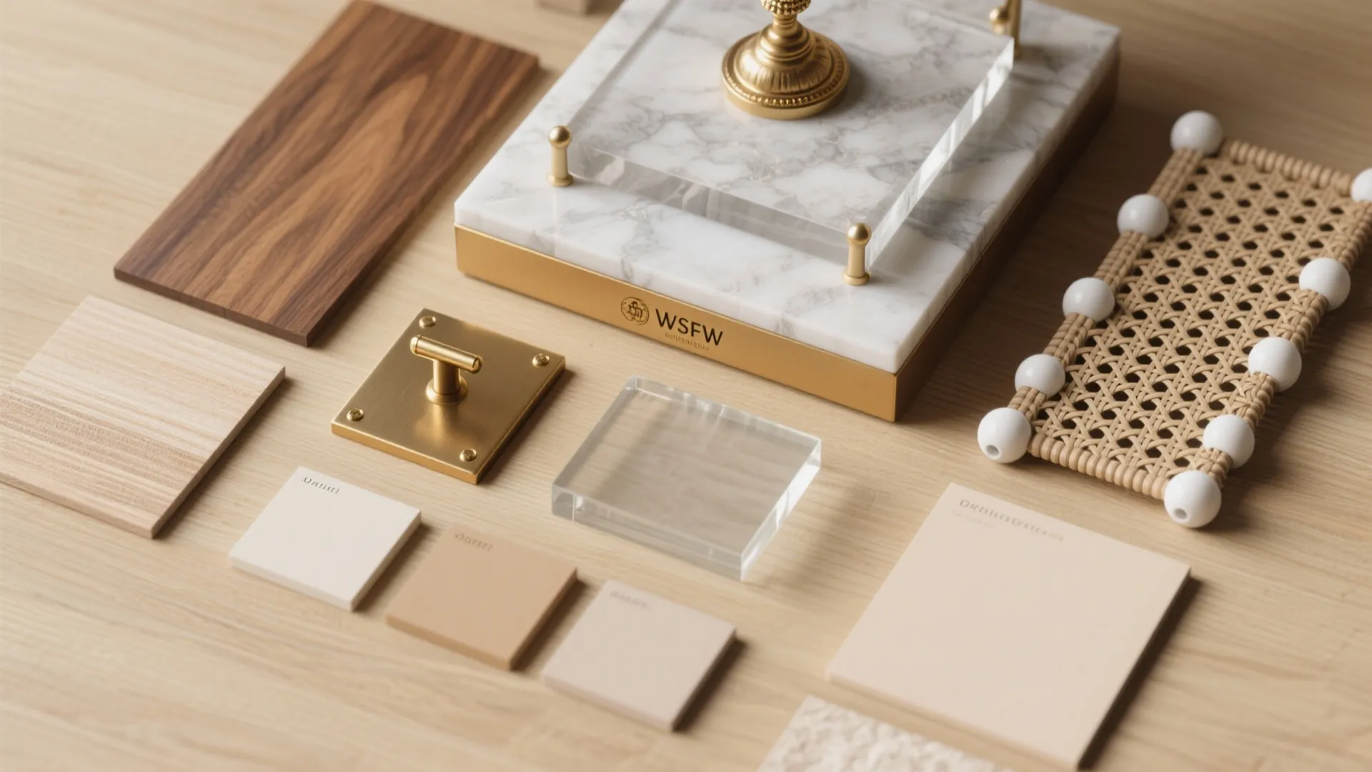 Flatlay of teak veneer, quartz, brass, frosted glass, cane mesh, and paint chips for mandir design.