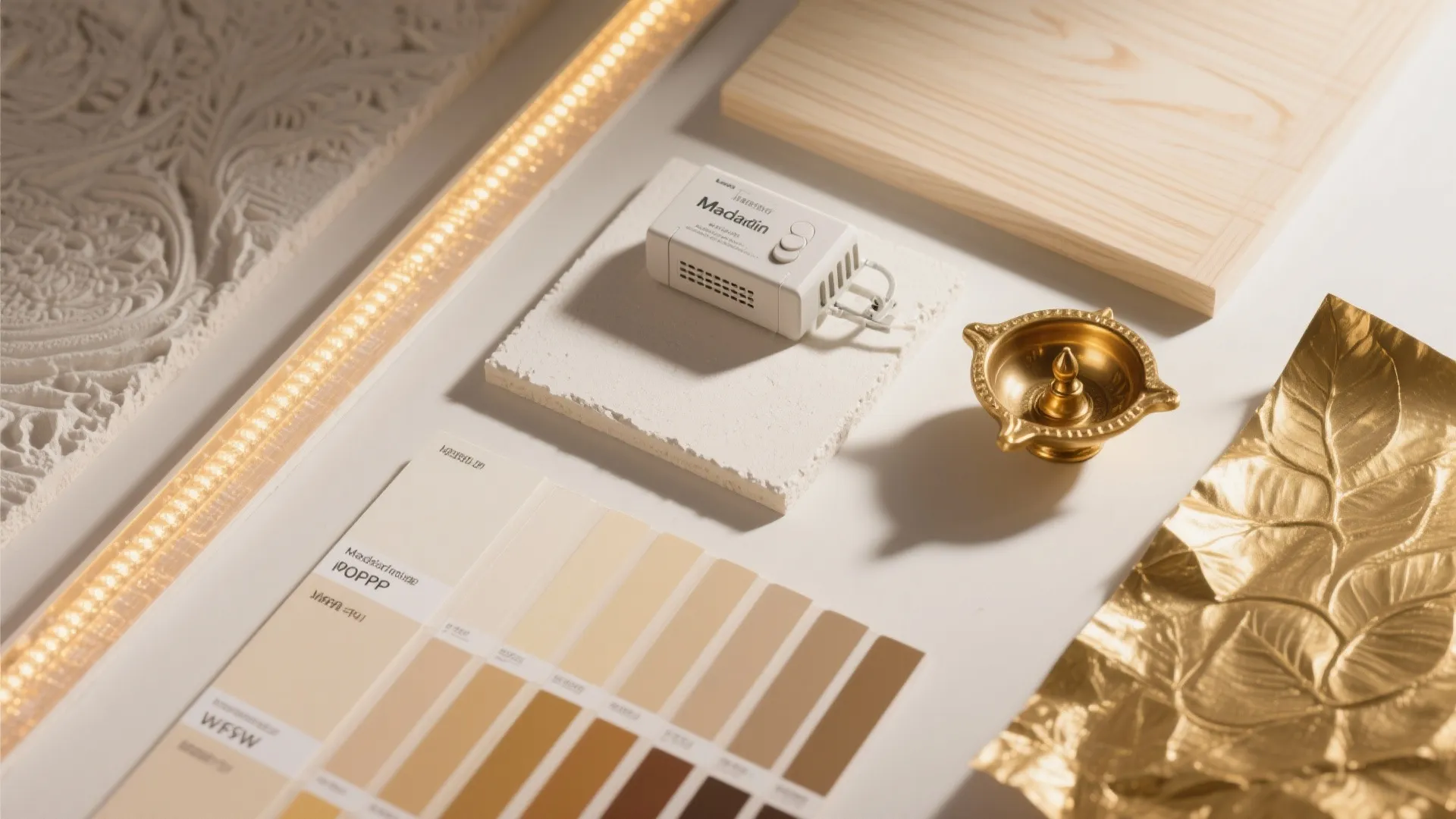Flat lay showing wood samples color swatches a gold bowl and a white stone tile