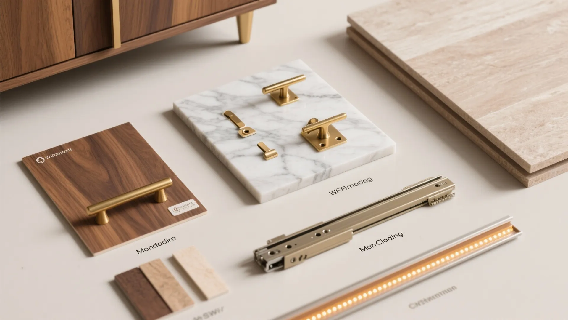 Interior design material board with white marble wood samples gold handles sliding rail and lighting