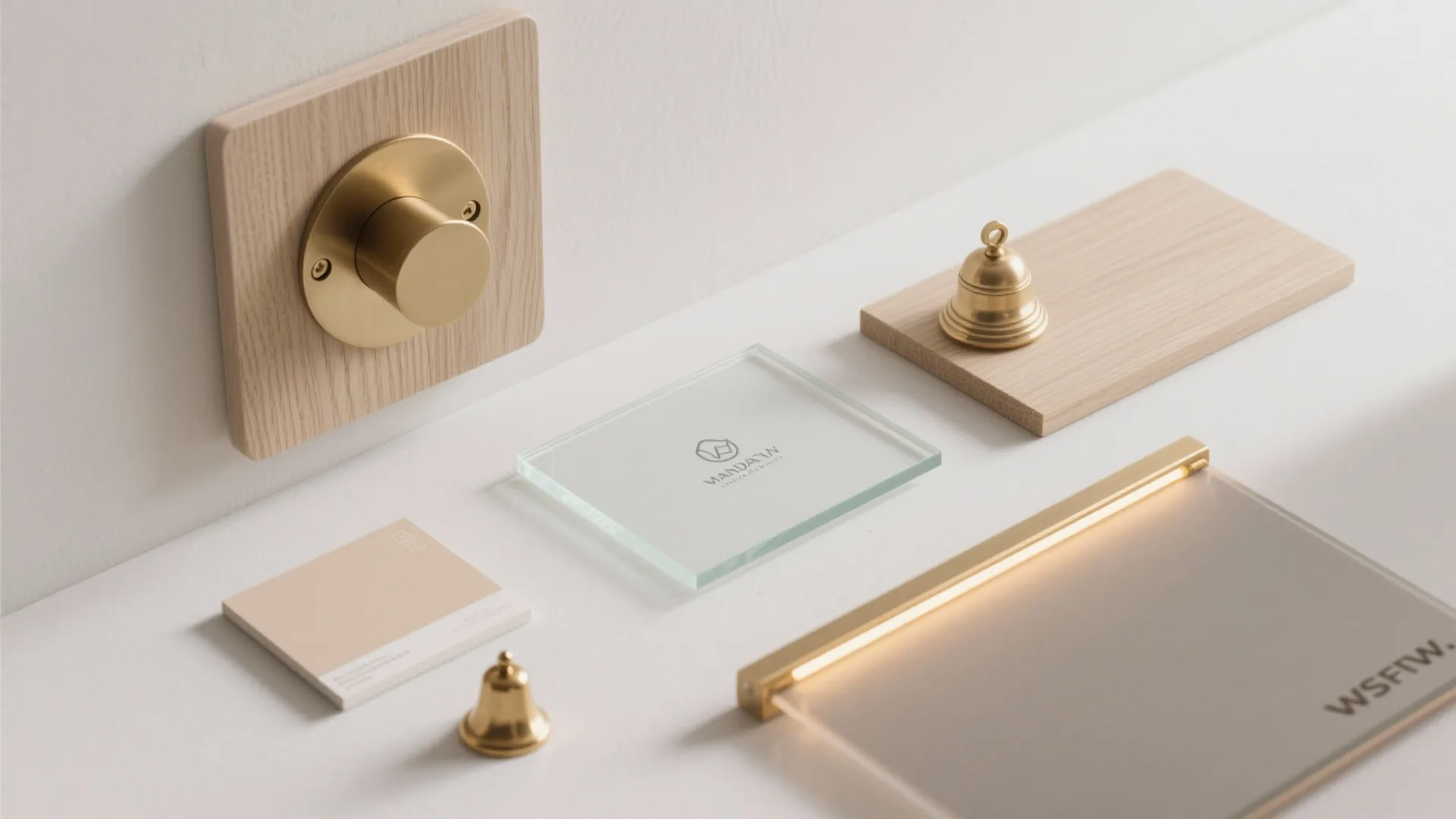 Flatlay of ash wood laminate, matte brass hardware, frosted glass, and warm LED strip.