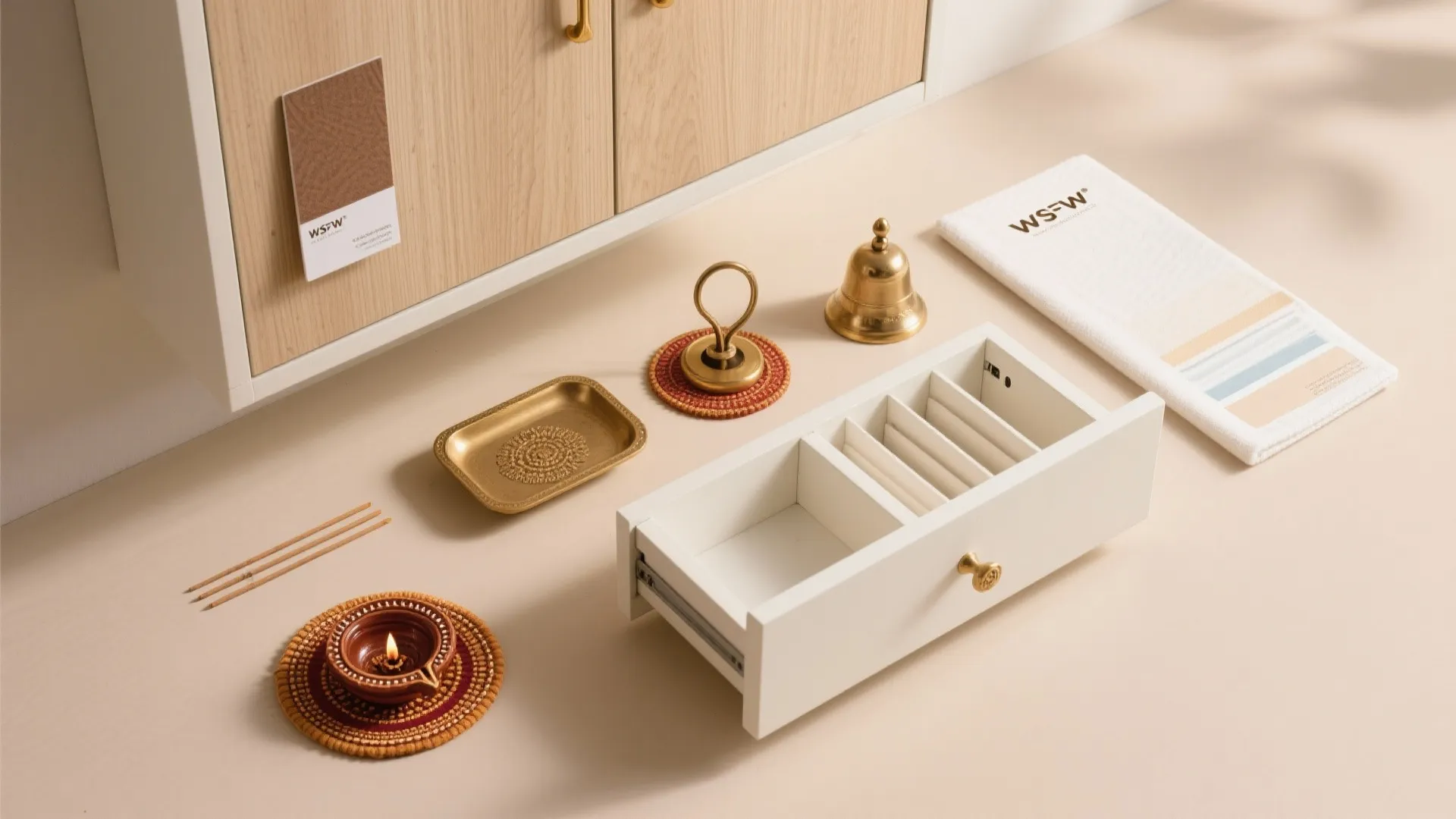 Table with white drawer cabinet brass bell small oil lamp and incense sticks for home worship