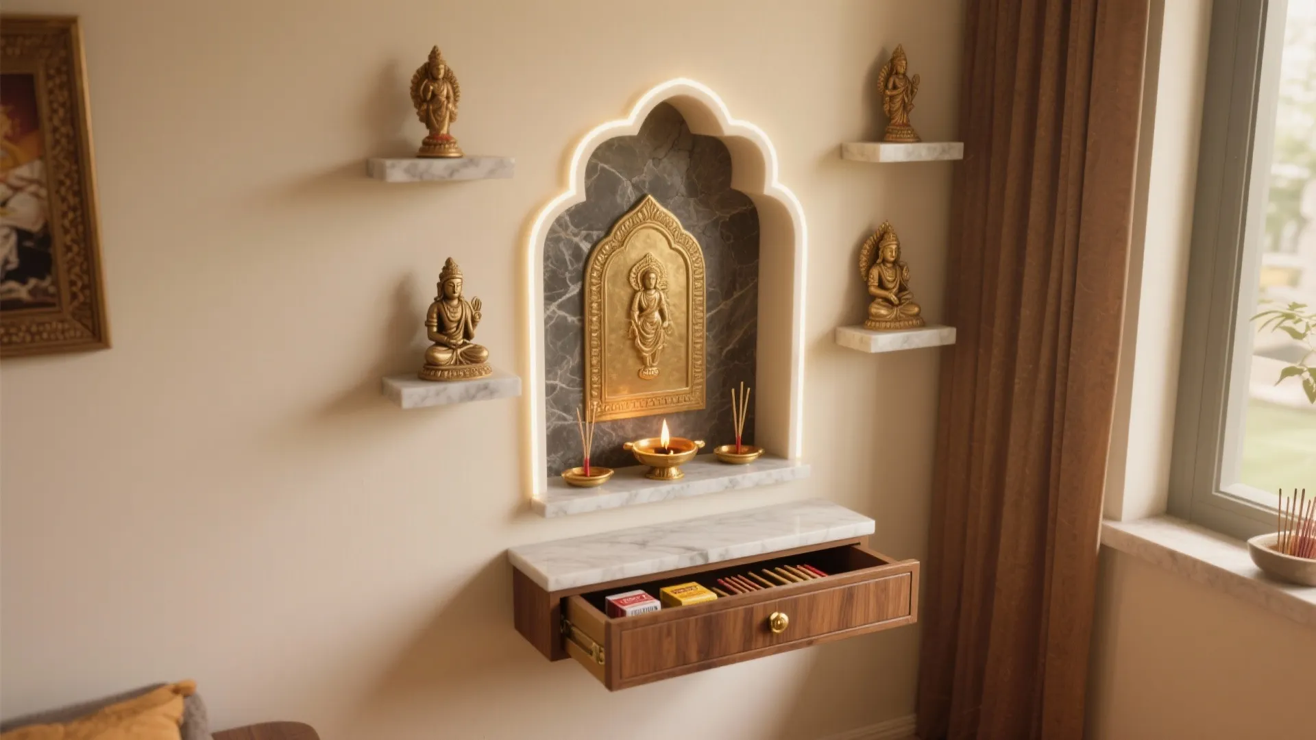 Minimalist Mandir Wall Niche with Concealed Storage