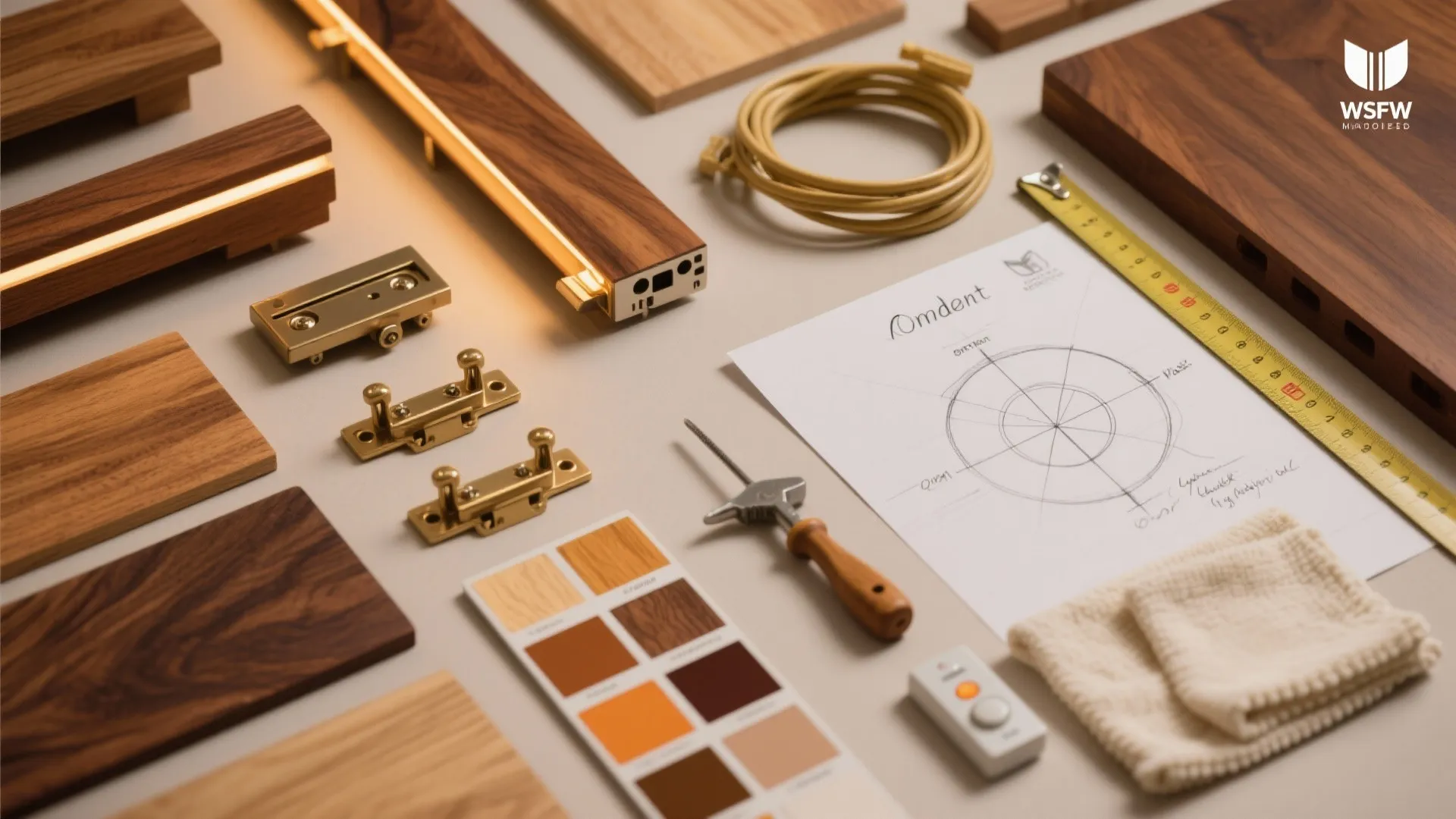 Interior design materials including wood samples brass hardware color swatches tape measure and a drawing