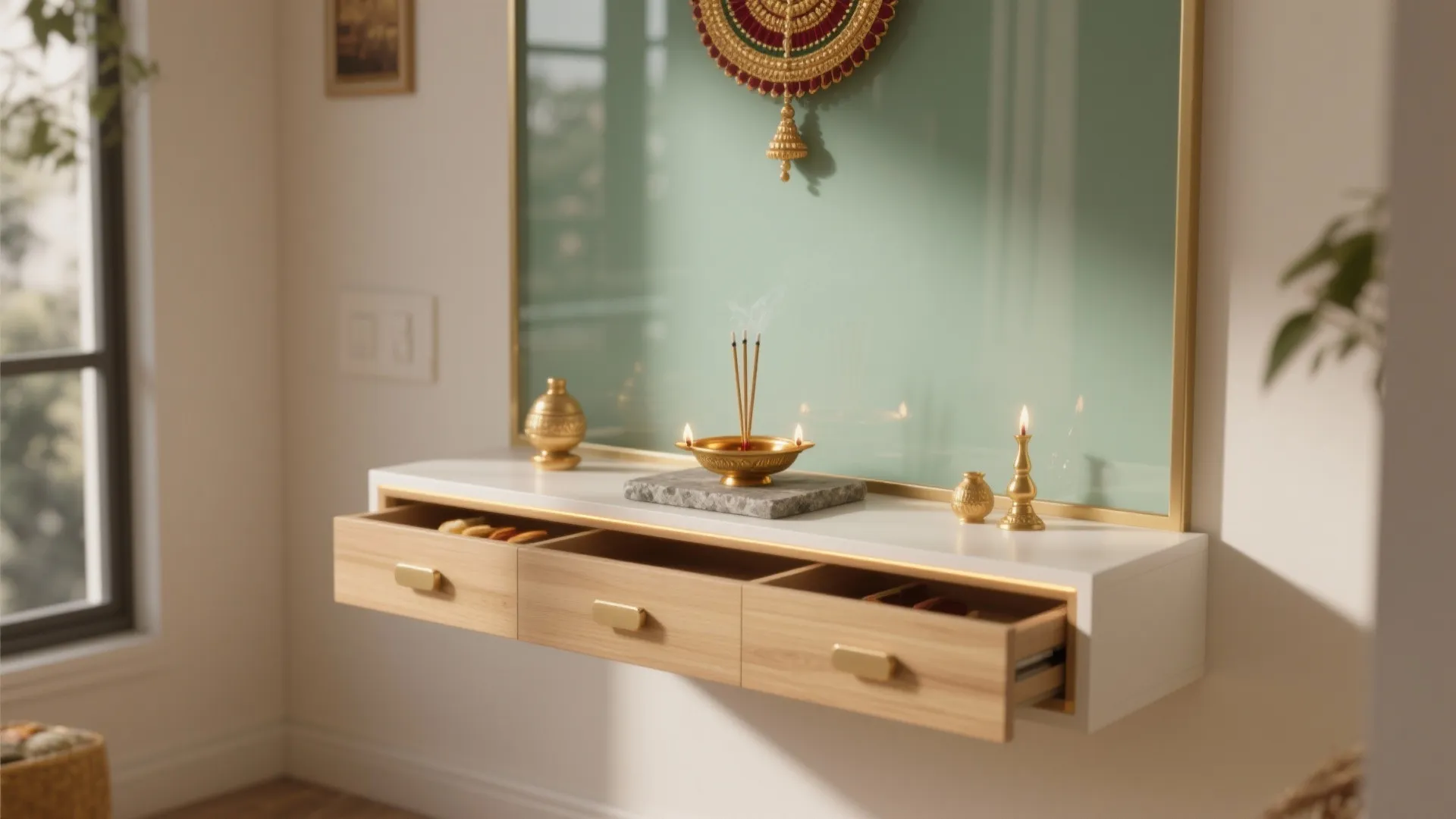 Wall mounted wooden shelf with three open drawers and small brass oil lamps on top