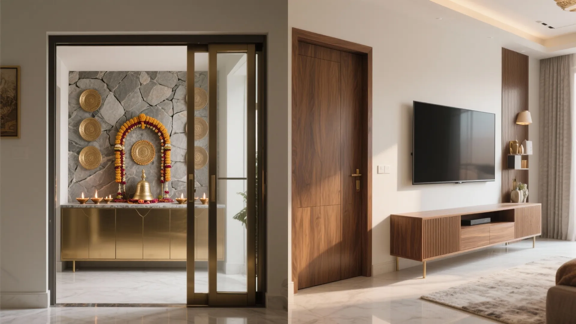 Sliding-Door Mandir Unit Integrated with TV Wall