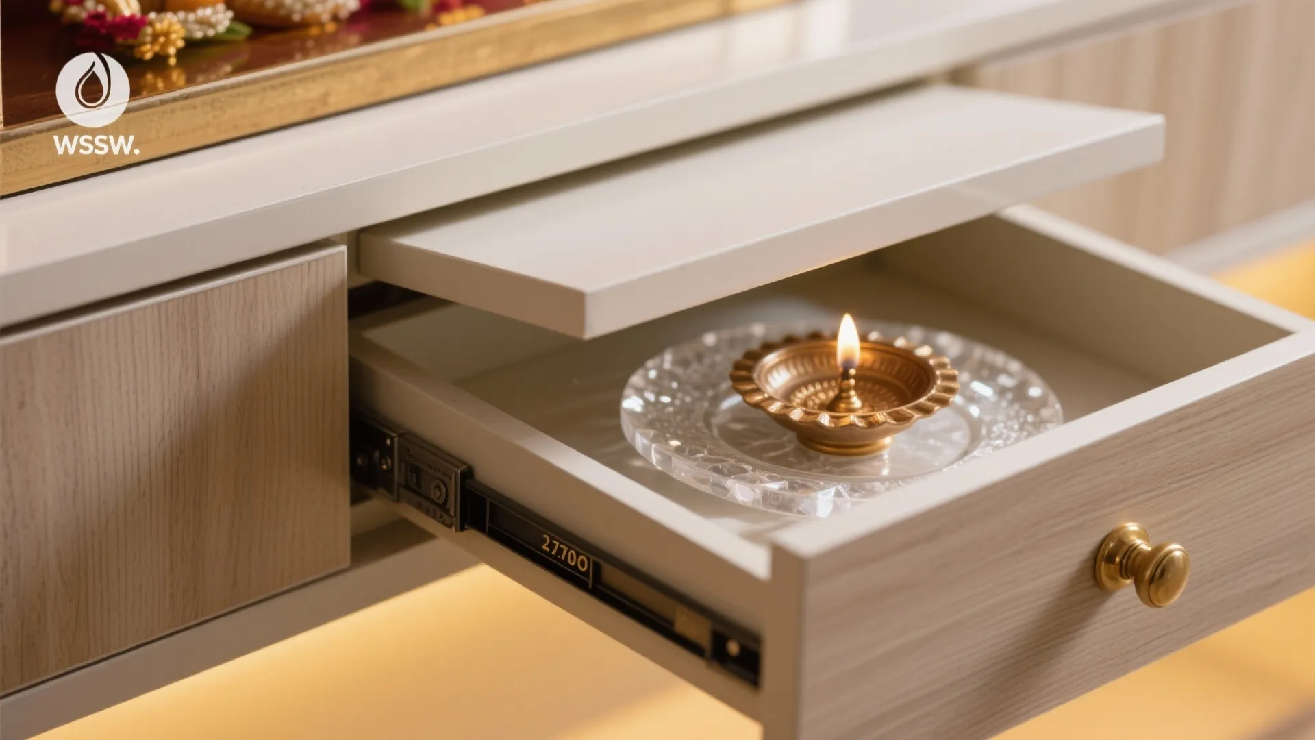 Minimal wall-mounted mandir with concealed storage