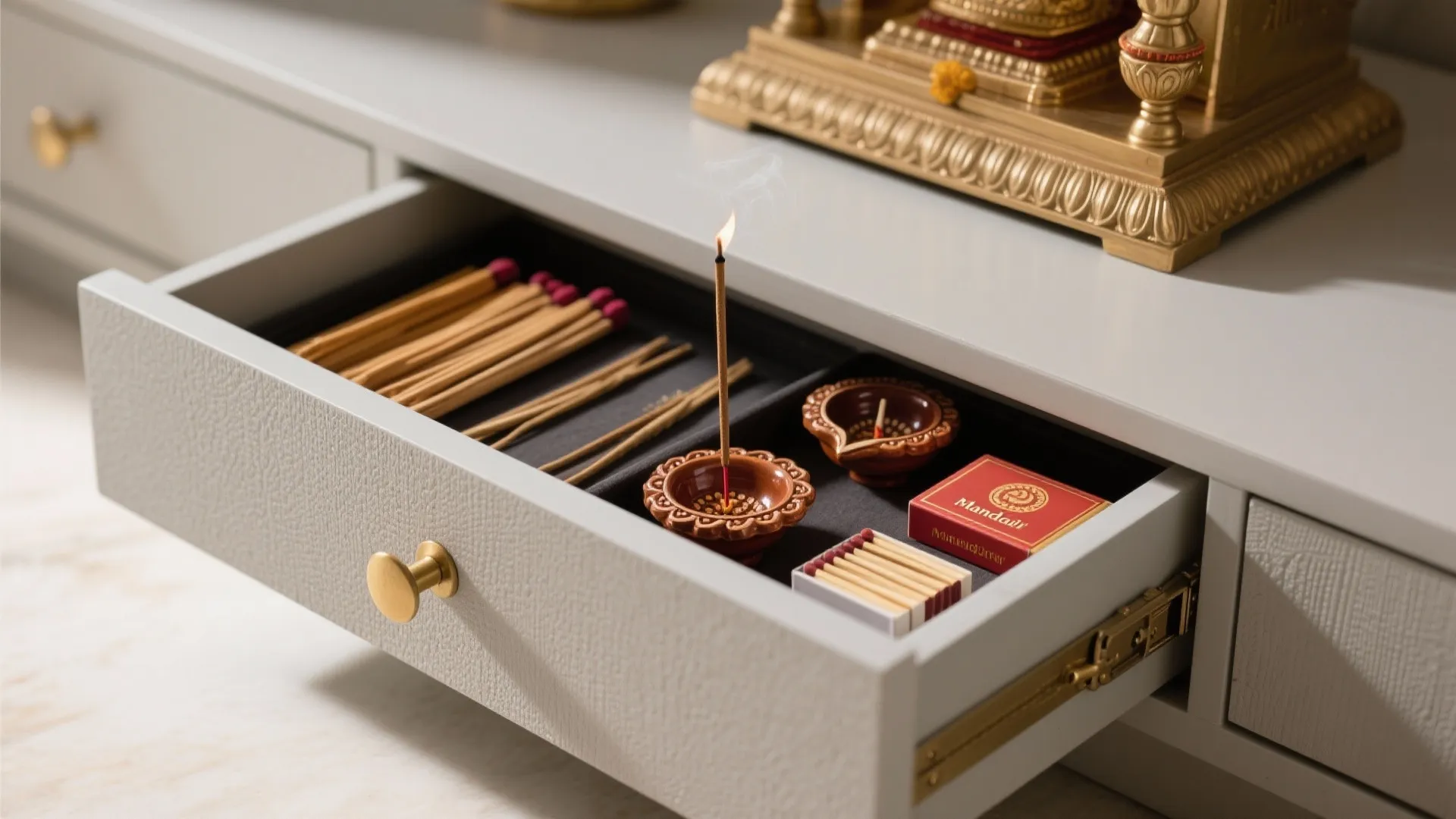 Minimal mandir with hidden storage