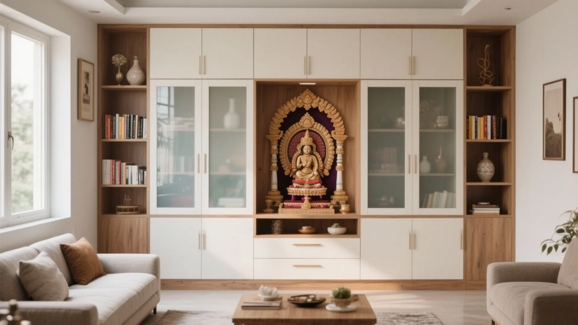 Mandir Integrated with Storage Shelves