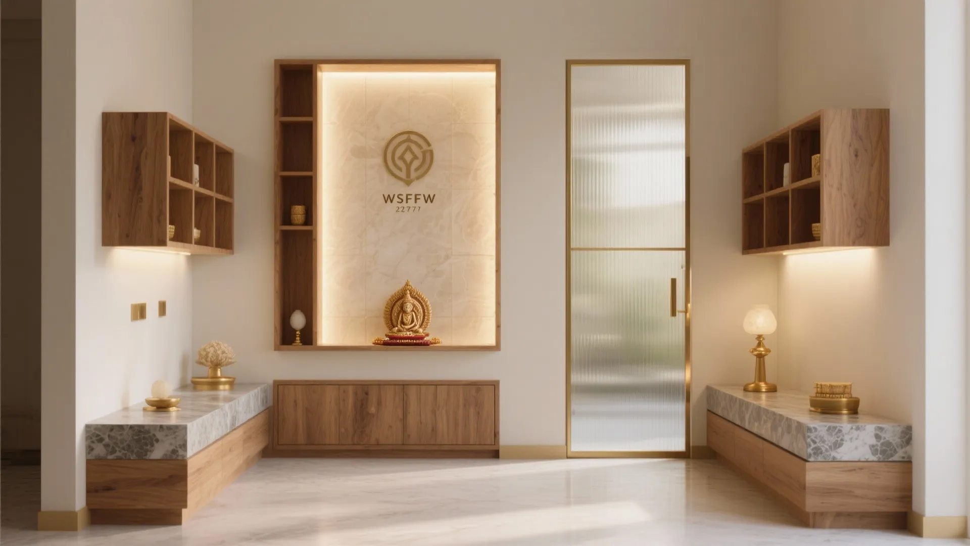 Compact modern mandir combining storage, a backlit translucent panel, warm wood and a stone shelf with a slim sliding screen, softly lit.