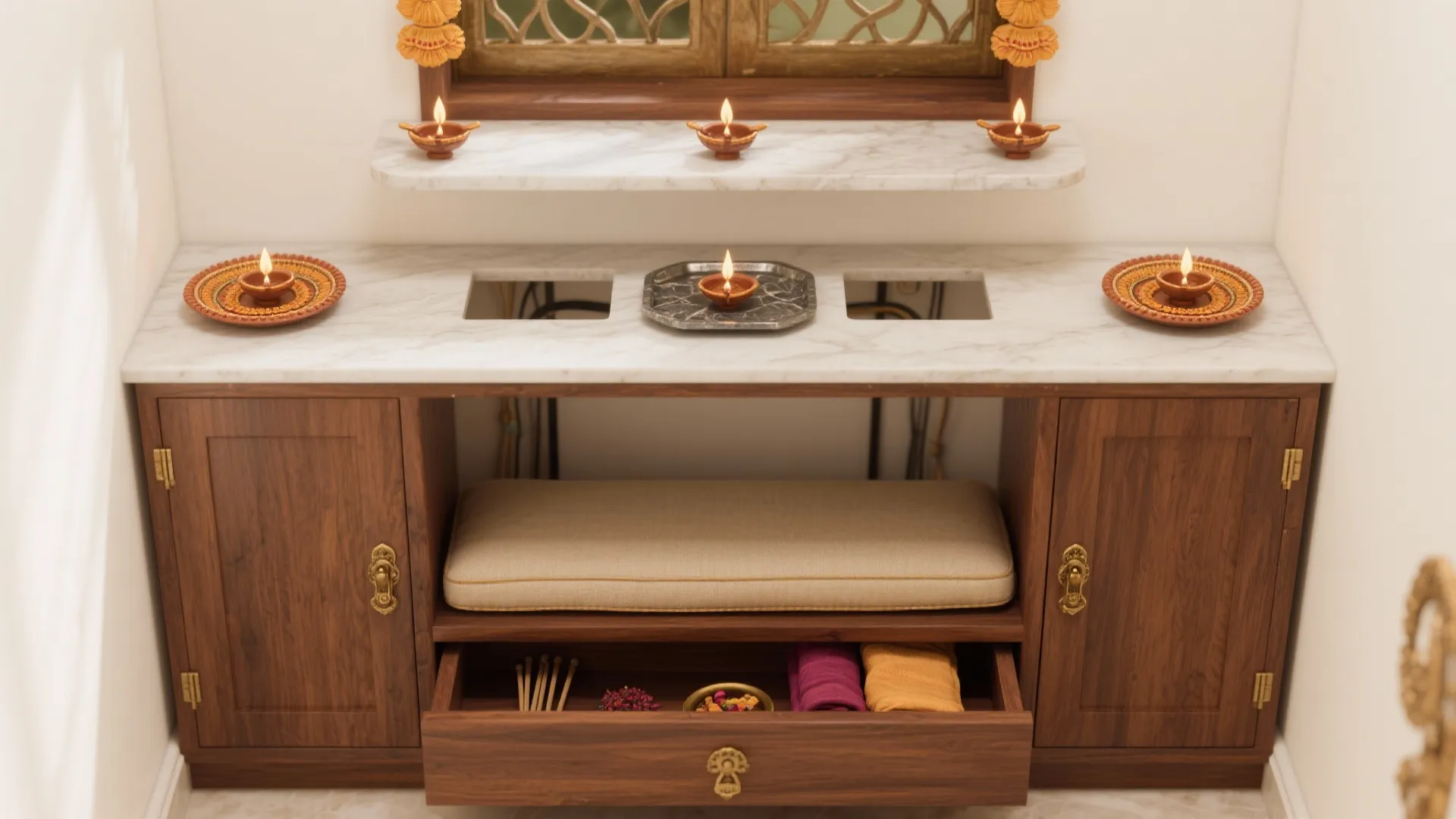 Build a compact mandir with layered storage and seating
