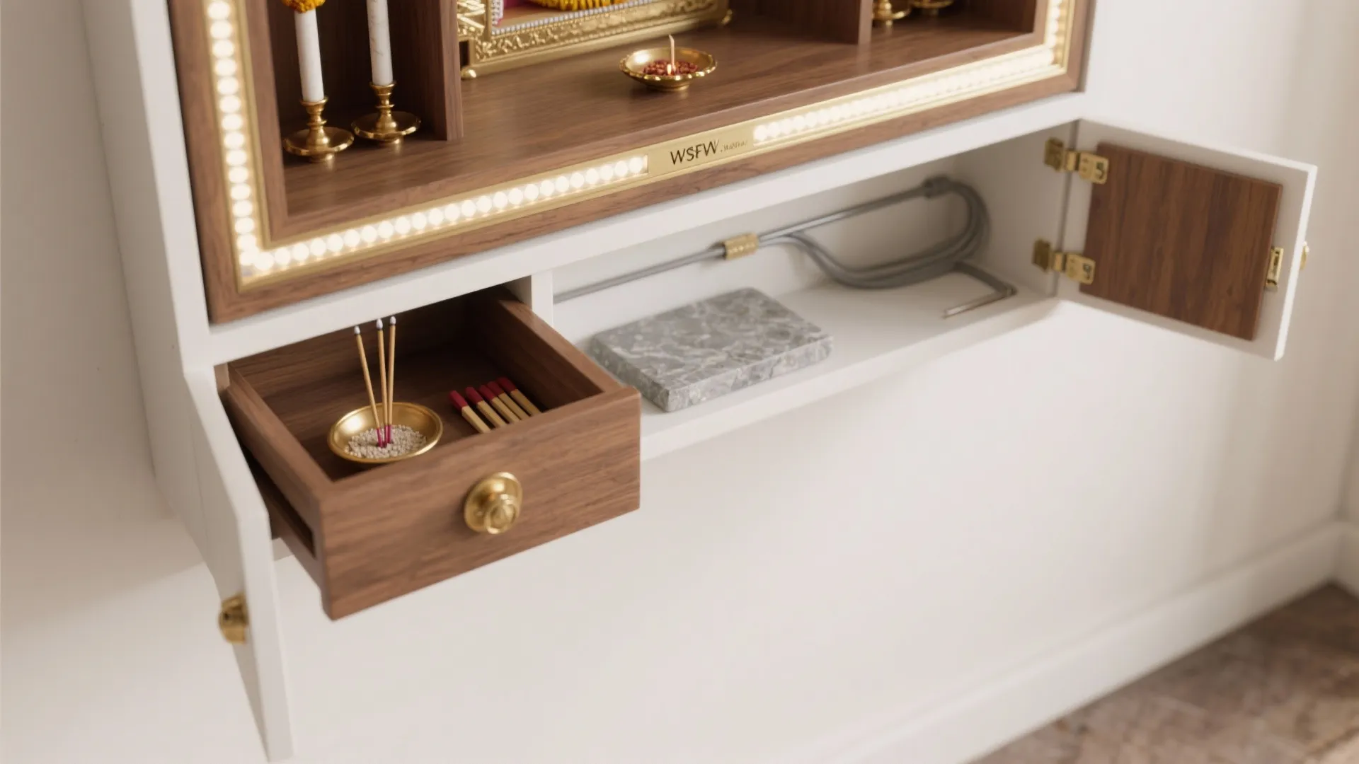 Top-down view of a wall-mounted mandir cabinet layout with a flip-down shelf and hidden drawer.
