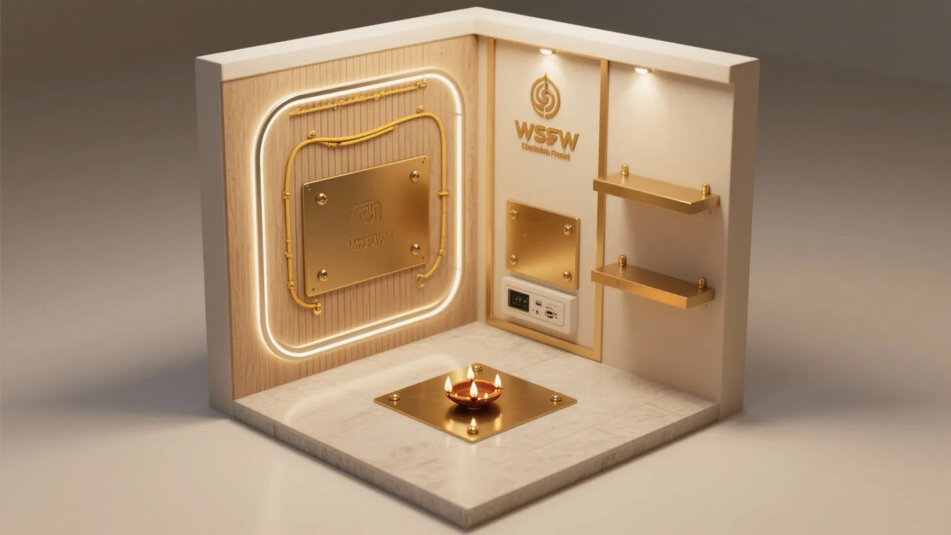 Modern prayer room design with wooden wall panel gold decor shelves and oil lamp on floor