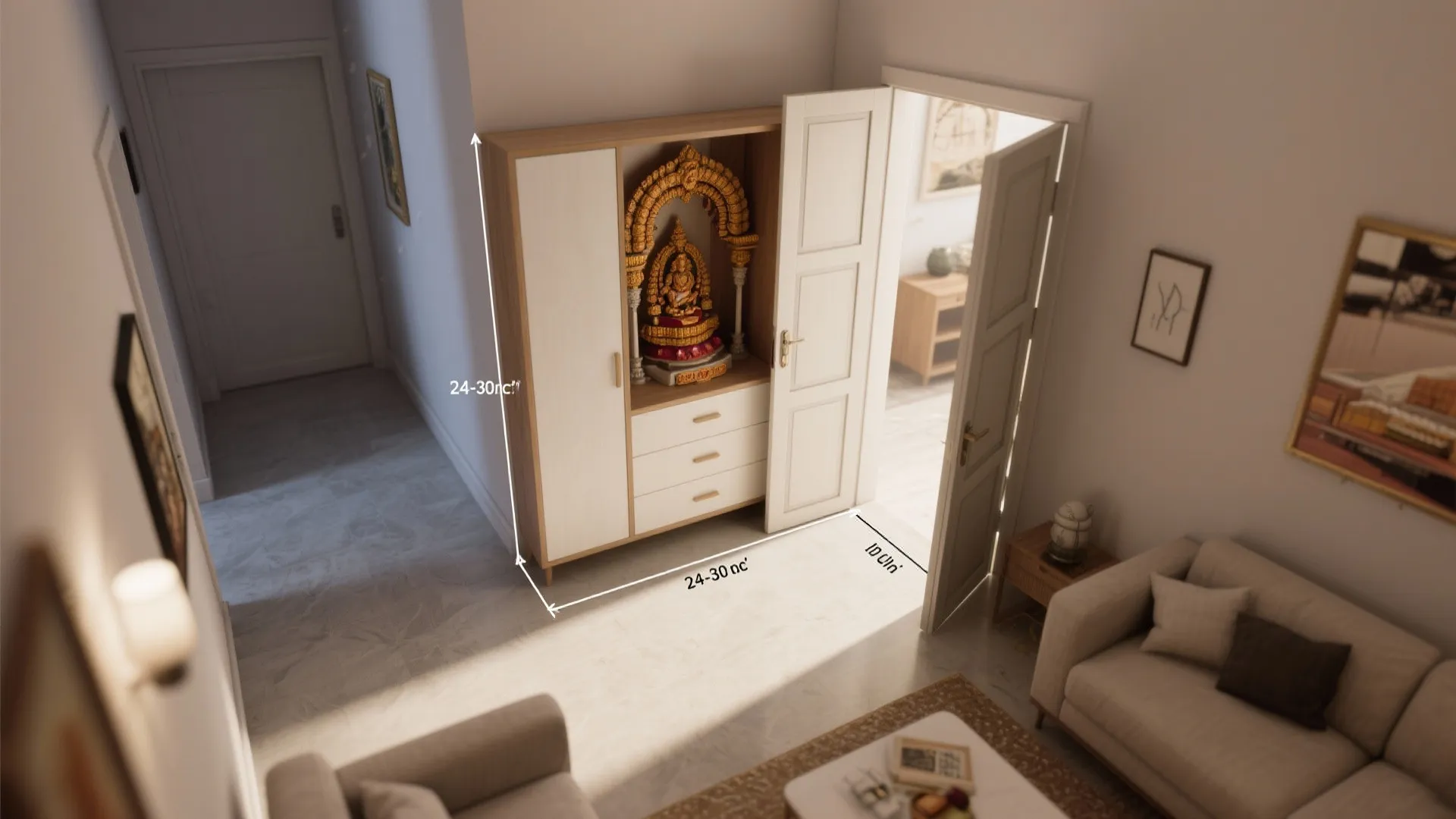 Top-down view showing door swing and circulation around a shallow mandir cabinet.