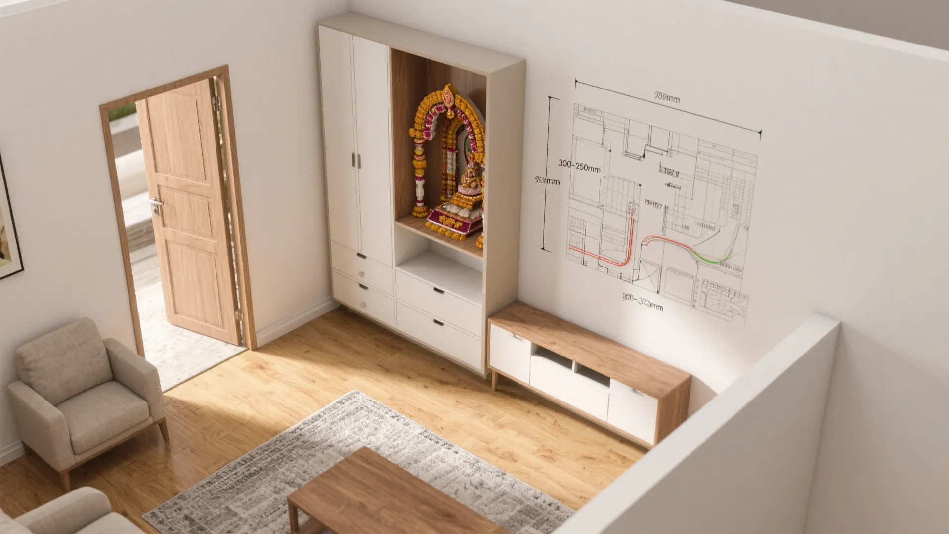 Top-down plan showing compact mandir cabinet depth, kneeling clearance, door swings, and wiring route.