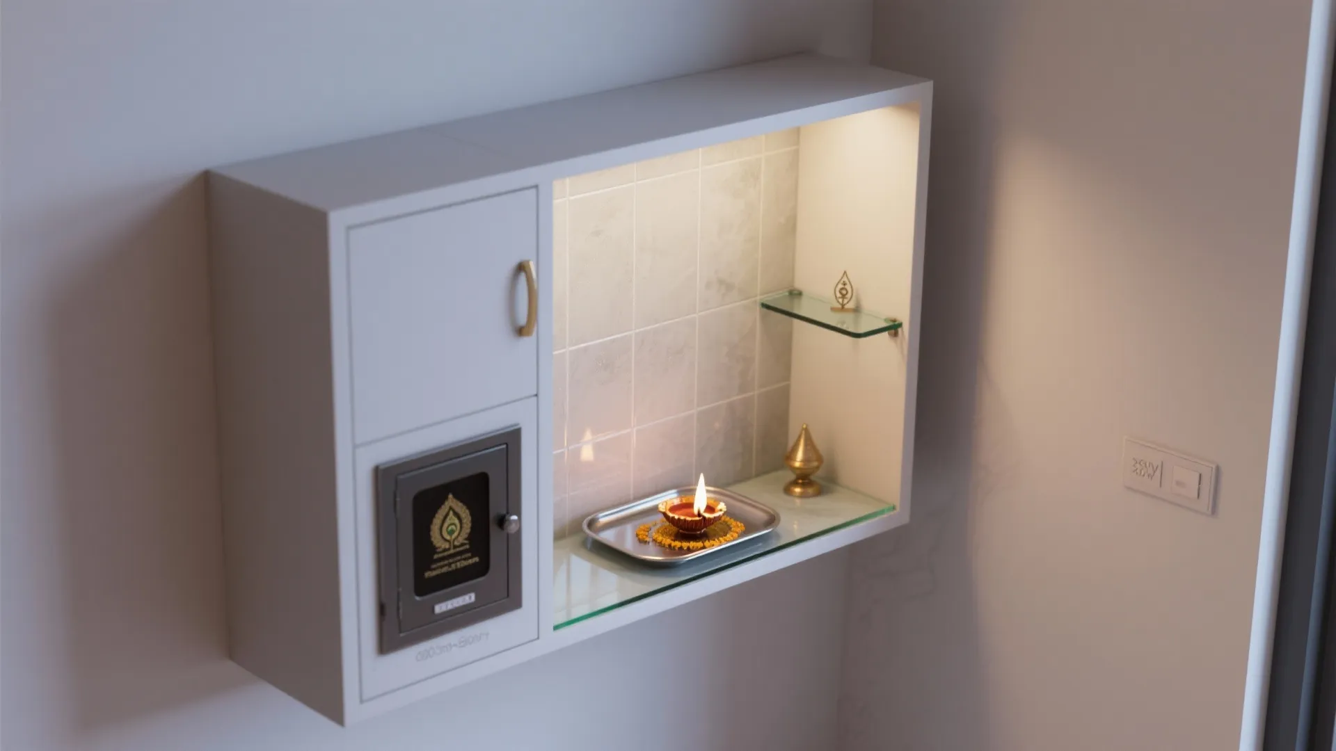 Modern white wall cabinet featuring a small prayer space with a candle and glass shelves