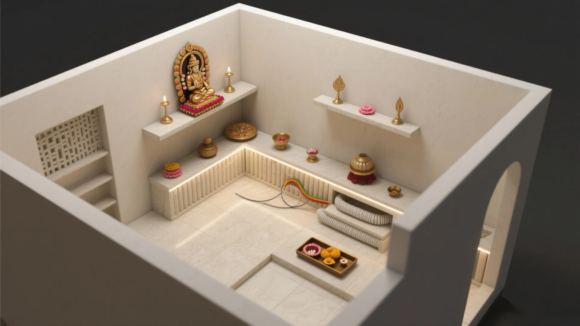 Modern prayer room layout design with white walls marble floor golden statue and warm soft lighting